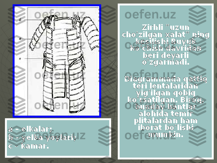 Zirhli "uzun 
cho'zilgan xalat" ning 
kesilishi Buyuk 
ko'chish davridan 
beri deyarli 
o'zgarmadi.
Diagrammada qattiq 
teri lentalaridan 
yig'ilgan qobiq 
ko'rsatilgan. Biroq, 
bunday bantlar 
alohida temir 
plitalardan ham 
iborat bo'lishi 
mumkin.a - elkalar;
b - yelka yoylari;
c - kamar. 