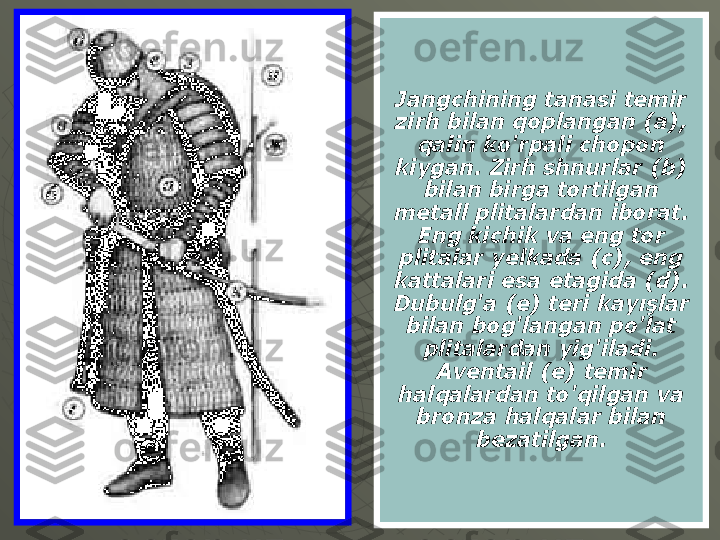 Jangchining tanasi temir 
zirh bilan qoplangan (a), 
qalin ko'rpali chopon 
kiygan. Zirh shnurlar (b) 
bilan birga tortilgan 
metall plitalardan iborat. 
Eng kichik va eng tor 
plitalar yelkada (c), eng 
kattalari esa etagida (d). 
Dubulg'a (e) teri kayışlar 
bilan bog'langan po'lat 
plitalardan yig'iladi. 
Aventail (e) temir 
halqalardan to'qilgan va 
bronza halqalar bilan 
bezatilgan. 