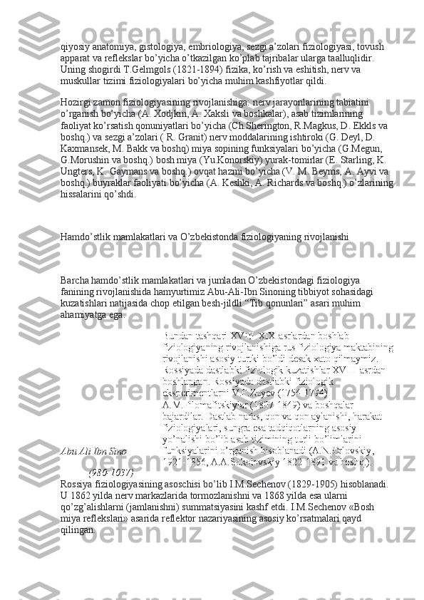 qiyosiy anatomiya, gistologiya, embriologiya, sezgi a’zolari fiziologiyasi, tovush 
apparat va reflekslar bo’yicha o’tkazilgan ko’plab tajribalar ularga taalluqlidir. 
Uning shogirdi T.Gelmgols (1821-1894) fizika, ko’rish va eshitish, nerv va 
muskullar tizimi fiziologiyalari bo’yicha muhim kashfiyotlar qildi.
Hozirgi zamon fiziologiyasining rivojlanishiga: nerv jarayonlarining tabiatini 
o’rganish bo’yicha (A. Xodjkin, A. Xaksli va boshkalar), asab tizimlarining 
faoliyat ko’rsatish qonuniyatlari bo’yicha (Ch.Sherington, R.Magkus, D. Ekkls va 
boshq.) va sezgi a’zolari ( R. Granit) nerv moddalarining ishtiroki (G. Deyl, D. 
Kaxmansek, M. Bakk va boshq) miya sopining funksiyalari bo’yicha (G.Megun, 
G.Morushin va boshq.) bosh miya (Yu.Konorskiy) yurak-tomirlar (E. Starling, K. 
Ungters, K. Gaymans va boshq.) ovqat hazmi bo’yicha (V. M. Beyms, A. Ayvi va 
boshq.) buyraklar faoliyati bo’yicha (A. Keshki, A. Richards va boshq.) o’zlarining
hissalarini qo’shdi.
 
Hamdo’stlik mamlakatlari va O’zbekistonda fiziologiyaning rivojlanishi
 
Barcha hamdo’stlik mamlakatlari va jumladan O’zbekistondagi fiziologiya 
fanining rivojlanishida hamyurtimiz Abu-Ali-Ibn Sinoning tibbiyot sohasidagi 
kuzatishlari natijasida chop etilgan besh-jildli “Tib qonunlari” asari muhim 
ahamiyatga ega.
Abu Ali Ibn Sino
(980-1037) Bundan   tashqari   XVIII - XIX - asrlardan   boshlab  
fiziologiyaning   rivojlanishiga   rus   fiziologiya   maktabining
rivojlanishi   asosiy   turtki   bo ’ ldi   desak   xato   qilmaymiz . 
Rossiyada   dastlabki   fiziologik   kuzatishlar   XVIII - asrdan  
boshlangan .  Rossiyada   dastlabki   fiziologik  
eksperimentlarni   V . F . Zuyev  (1754-1794) 
A . M . Filomafitskiylar  (1807-1849)  va   boshqalar  
bajardilar .  Dastlab   nafas ,  qon   va   qon   aylanishi ,  harakat  
fiziologiyalari ,  sungra   esa   tadqiqotlarning   asosiy  
yo ’ nalishi   bo ’ lib   asab   tizimining   turli   bo ’ limlarini  
funksiyalarini   o ’ rganish   hisoblanadi  ( A . N . Orlovskiy , 
1921-1856,  A . A . Sokolovskiy  1822-1891  va   boshq .).
Rossiya fiziologiyasining asoschisi bo’lib I.M.Sechenov (1829-1905) hisoblanadi. 
U 1862 yilda nerv markazlarida tormozlanishni va 1868 yilda esa ularni 
qo’zg’alishlarni (jamlanishni) summatsiyasini kashf etdi. I.M.Sechenov «Bosh 
miya reflekslari» asarida reflektor nazariyasining asosiy ko’rsatmalari qayd 
qilingan. 