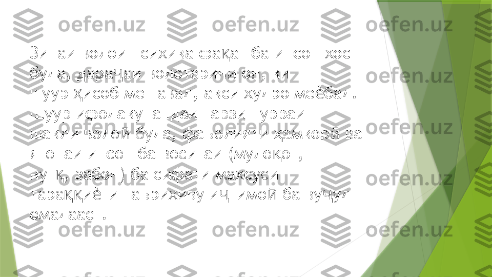 Зинаи волои психика фа ат ба инсон хос қ
буда, дара аи волотарини он, ки  	
ҷ
шуур  исоб мешавад, акси худро ме бад. 	
ҳ ѐ
Шуур ифодакунандаи тарзи пурраи  
шакли воло  буда, фаъолияти  амкор  ва 	
ӣ ҳ ӣ
ягонаи инсон ба воситаи (муло от,  	
қ
нут , забон) ба сифати махсуси 	
қ
тара и ти таърихиву и тимо  ба ву уд  	
ққ ѐ ҷ ӣ ҷ
омадааст.                   