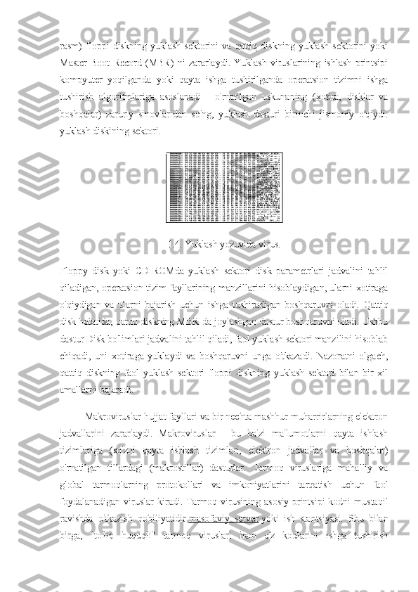 rasm)   floppi   diskning   yuklash   sektorini   va   qattiq  diskning   yuklash   sektorini   yoki
Master   Boot   Record   (MBR)   ni   zararlaydi.   Yuklash   viruslarining   ishlash   printsipi
kompyuter   yoqilganda   yoki   qayta   ishga   tushirilganda   operatsion   tizimni   ishga
tushirish   algoritmlariga   asoslanadi   -   o'rnatilgan   uskunaning   (xotira,   disklar   va
boshqalar)   zaruriy   sinovlaridan   so'ng,   yuklash   dasturi   birinchi   jismoniy   o'qiydi.
yuklash diskining sektori.
1.4. Yuklash yozuvida virus.
Floppy   disk   yoki   CD-ROMda   yuklash   sektori   disk   parametrlari   jadvalini   tahlil
qiladigan, operatsion tizim fayllarining manzillarini hisoblaydigan, ularni xotiraga
o'qiydigan   va   ularni   bajarish   uchun   ishga   tushiradigan   boshqaruvni   oladi.   Qattiq
disk holatida, qattiq diskning MBR-da joylashgan dastur boshqaruvni oladi. Ushbu
dastur Disk bo'limlari jadvalini tahlil qiladi, faol yuklash sektori manzilini hisoblab
chiqadi,   uni   xotiraga   yuklaydi   va   boshqaruvni   unga   o'tkazadi.   Nazoratni   olgach,
qattiq   diskning   faol   yuklash   sektori   floppi   diskning   yuklash   sektori   bilan   bir   xil
amallarni bajaradi.
Makroviruslar hujjat fayllari va bir nechta mashhur muharrirlarning elektron
jadvallarini   zararlaydi.   Makroviruslar   -   bu   ba'zi   ma'lumotlarni   qayta   ishlash
tizimlariga   (so'zni   qayta   ishlash   tizimlari,   elektron   jadvallar   va   boshqalar)
o'rnatilgan   tillardagi   (makrostillar)   dasturlar.   Tarmoq   viruslariga   mahalliy   va
global   tarmoqlarning   protokollari   va   imkoniyatlarini   tarqatish   uchun   faol
foydalanadigan  viruslar   kiradi.  Tarmoq virusining  asosiy  printsipi  kodni   mustaqil
ravishda   o'tkazish   qobiliyatidir   masofaviy   server   yoki   ish   stantsiyasi.   Shu   bilan
birga,   "to'liq   huquqli"   tarmoq   viruslari   ham   o'z   kodlarini   ishga   tushirish 