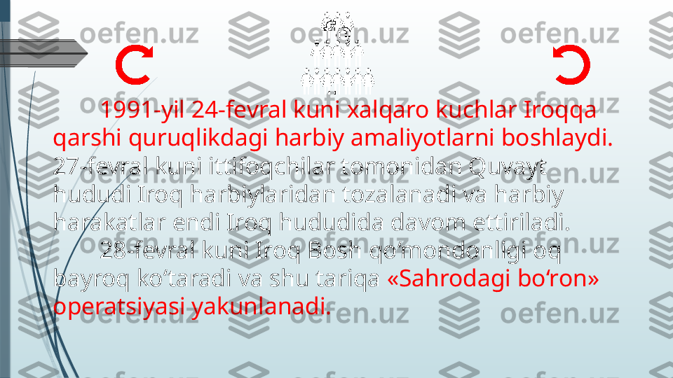 1991-yil 24-fevral kuni xalqaro kuchlar Iroqqa 
qarshi quruqlikdagi harbiy amaliyotlarni boshlaydi. 
27-fevral kuni ittifoqchilar tomonidan Quvayt 
hududi Iroq harbiylaridan tozalanadi va harbiy 
harakatlar endi Iroq hududida davom ettiriladi.
28-fevral kuni Iroq Bosh qo‘mondonligi oq 
bayroq ko‘taradi va shu tariqa  «Sahrodagi bo‘ron» 
operatsiyasi yakunlanadi.              