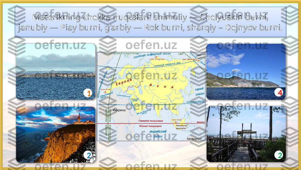 Materikning chekka nuqtalari: shimoliy — Chelyuskin burni, 
janubiy — Piay burni, g‘arbiy — Rok burni, sharqiy – Dejnyov burni.  
1 4
22       