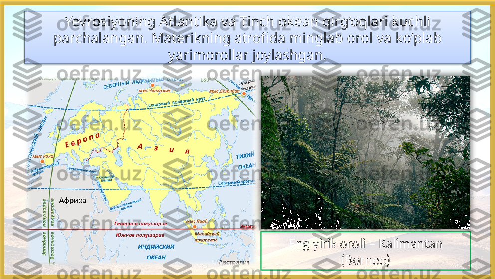 Yevrosiyoning Atlantika va Tinch okean qirg‘oqlari kuchli 
parchalangan. Materikning atrofida minglab orol va ko‘plab 
yarimorollar joylashgan.
Eng yirik oroli – Kalimantan 
(Borneo)    