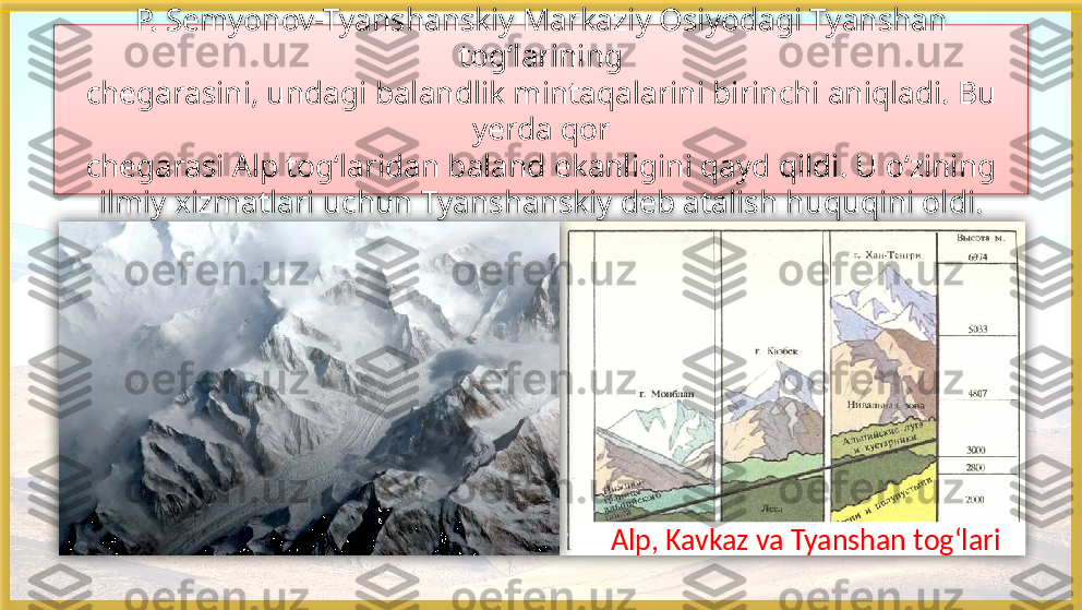 P. Semyonov-Tyanshanskiy Markaziy Osiyodagi Tyanshan 
tog‘larining
chegarasini, undagi balandlik mintaqalarini birinchi aniqladi. Bu 
yerda qor
chegarasi Alp tog‘laridan baland ekanligini qayd qildi. U o‘zining 
ilmiy xizmatlari uchun Tyanshanskiy deb atalish huquqini oldi.
   Alp, Kavkaz va Tyanshan tog‘lari     