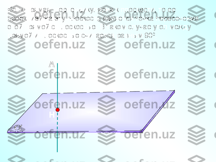 А
НЕсли прямая  перпендикулярна к плоскости, то ее 
проекцией на эту плоскость является точка пересечения 
этой прямой с плоскостью. В таком случае угол между 
прямой и плоскостью считается равным 90 0
. 