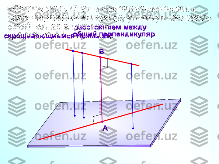 Расстояние между одной из скрещивающихся прямых и 
плоскостью, проходящей через другую прямую параллельно 
первой, называется 
расстоянием между расстоянием между 
скрещивающимися прямыми.скрещивающимися прямыми. Отрезок, имеющий концы на двух скрещивающихся 
прямых и перпендикулярный к этим прямым, называется 
их общим перпендикуляром. 
На рисунке  АВ – 
общий перпендикуляробщий перпендикуляр .
ААВВ 