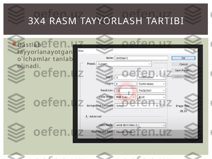 
D a s t l a b  
t a y y o r l a n a y o t g a n  
o ` l c h a m l a r   t a n l a b  
o l i n a d i . 3 X 4   R A S M   TAY YO R L A S H   TA R T I B I 