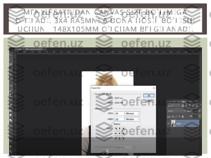 M E N Y U   S AT R I D A N   C A N VA S   S I Z E   B O ` L I M I G A  
O ` T I L A D I .   3 X 4   R A S M N I   6   D O N A   H O S I L   B O ` L I S H I  
U C H U N       1 4 8 X 1 0 5 M M   O ` L C H A M   B E L G I L A N A D I . 