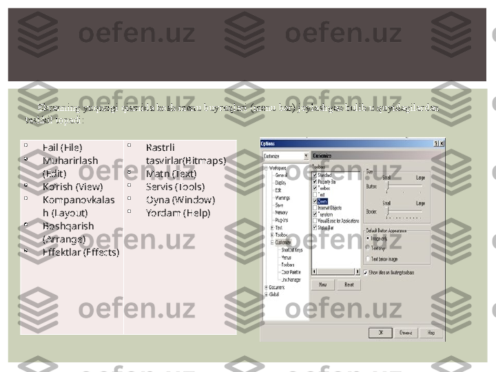 
Fail  ( File )

Muharirlash  
( Edit )

Ko’rish  ( View )

K о mpanovkalas
h  ( Layout )

Boshqarish  
( Arrange )

Effektlar  ( Effects ) 
Rastrli 
tasvirlar ( Bitmaps )

Matn  ( Text )

Servis  ( Tools )

Oyna  ( Window )

Yordam  ( Help )Ekranning yuqorigi qismida bosh menu buyruqlari (menu bar) joylashgan bulib u quyidagilardan 
tashkil topadi: 