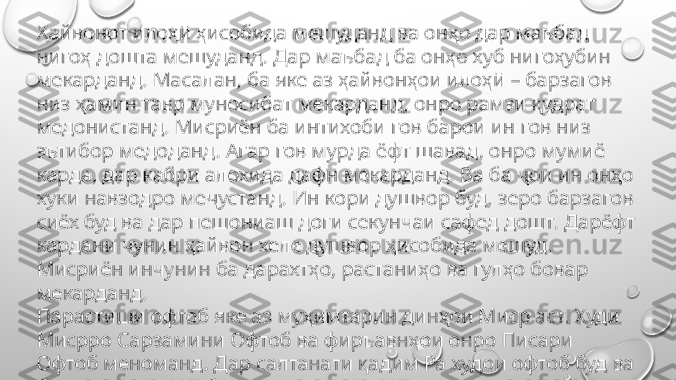 Ҳайвонот илоҳӣ ҳисобида мешуданд ва онҳо дар маъбад 
нигоҳ дошта мешуданд. Дар маъбад ба онҳо хуб нигоҳубин 
мекарданд. Масалан, ба яке аз ҳайвонҳои илоҳӣ – барзагов 
низ ҳамин тавр муносибат мекарданд, онро рамзи қудрат 
медонистанд. Мисриён ба интихоби гов барои ин гов низ 
эътибор медоданд. Агар гов мурда ёфт шавад, онро мумиё 
карда, дар кабри алохида дафн мекарданд. Ва ба ҷои ин онҳо 
хуки навзодро меҷустанд. Ин кори душвор буд, зеро барзагов 
сиёх буд ва дар пешониаш доги секунчаи сафед дошт. Дарёфт 
кардани чунин ҳайвон хеле душвор ҳисобида мешуд. 
Мисриён инчунин ба дарахтҳо, растаниҳо ва гулҳо бовар 
мекарданд.
Парастиши офтоб яке аз муҳимтарин динҳои Миср аст. Худи 
Мисрро Сарзамини Офтоб ва фиръавнҳои онро Писари 
Офтоб меноманд. Дар салтанати қадим Ра худои офтоб буд ва 
баъдтар Амон-Ра буд. 