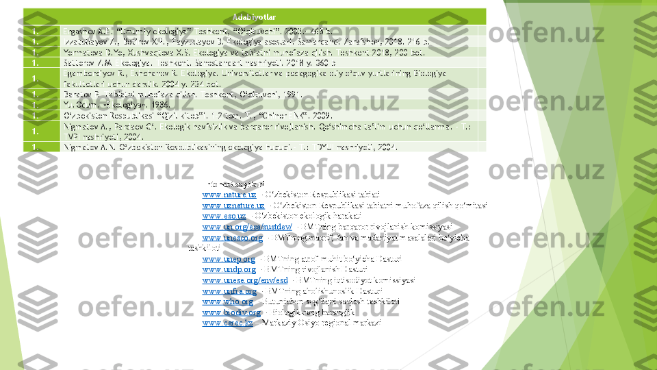 Adabiyotlar
1.   Ergashev A.E. “Umumiy ekologiya” To shkent, “O‘qituvchi”. 2003.- 465 b.  
1.   Izzatullayev Z., Botirov X.F. , Fayzullayev B. Ekologiya asoslari. Samarqand. Zarafshon, 2018. 216 b.  
1.   Yo rmatova D.Yo , Xushvaqtova X.S. Ekologiya va tabiatni muhofaza qilish. To shkent-2018, 200 bet.  
1.   Sattorov Z.M. Ekologiya. To shkent. Sanostandart nashriyoti. 2018 y.  360 b  
1.   Egamberdiyev R., Eshchanov R. Ekologiya. Universitetlar va pedagogika oliy o‘quv yurtlarining Biologiya 
fakultetlari uchun darslik. 2004 y.  234 bet.  
1.   Baratov P.  Ta biatni muhofaza qilish. To shkent, O‘qituvchi, 1991.  
1.   Yu.Odum.  «Ekologiya». 1986.
 
1.   O‘zbekiston Respublikasi “Qizil kitob”i. 1-2 tom. T. , “Chinor ENK”. 2009.  
1.   Nigmatov A., Pardaev G‘. Ekologik havfsizlik va barqaror rivojlanish. Qo‘shimcha ta’lim uchun qo‘llanma. – T. : 
TVPI nashriyoti, 2004.  
1.   Nigmatov A.N. O‘zbekiston Respublikasining ekologiya huquqi.– T. : TDYUI nashriyoti, 2004.  
Internet saytlari
www.nature.uz   –  O ‘ zbekiston	 Respublikasi	 tabiati	 
www.uznature.uz   –  	
O ‘ zbekiston	 Respublikasi	 tabiatni	 muhofaza	 qilish	 qo ‘ mitasi	 
www.eso.uz   –   O ‘ zbekiston	
 ekologik	 harakati
www.un.org/esa/sustdev/   –  	
BMT ning	 bar q aror	 rivojlanish	 komissiyasi
www.unesco.org   –  	
BMTning	 maorif,	 fan	 va	 madaniyat	 masalalari	 bo ‘ yicha	 
tashkiloti
www.unep.org   –  	
BMTning	 atrof-muhit	 bo ‘ yicha	 Dasturi
www.undp.org   –  	
BMTning	 rivojlanish	 Dasturi
www.unese.org/env/esd   –  	
BMTning	 iqtisodiyot	 komissiyasi
www.unfra.org   –  	
BMTning	 aholishunoslik	 Dasturi
www.who.org   –  	
Butunjahon	 sog ‘ liqni	 saqlash	 tashkiloti
www.biodiv.org   –  	
Biologik - rang	 baranglik	 
www.carec.kz  	
– Markaziy	 Osiyo	 regional	 markazi	          
