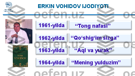 1961-yilda 
1962-yilda 
1963-yilda 
1964-yilda  “ Tong nafasi”
“ Qo‘shig‘im sizga”
“ Aql va yurak”
“ Mening yulduzim”ERKIN VOHIDOV  IJODIYOTI  