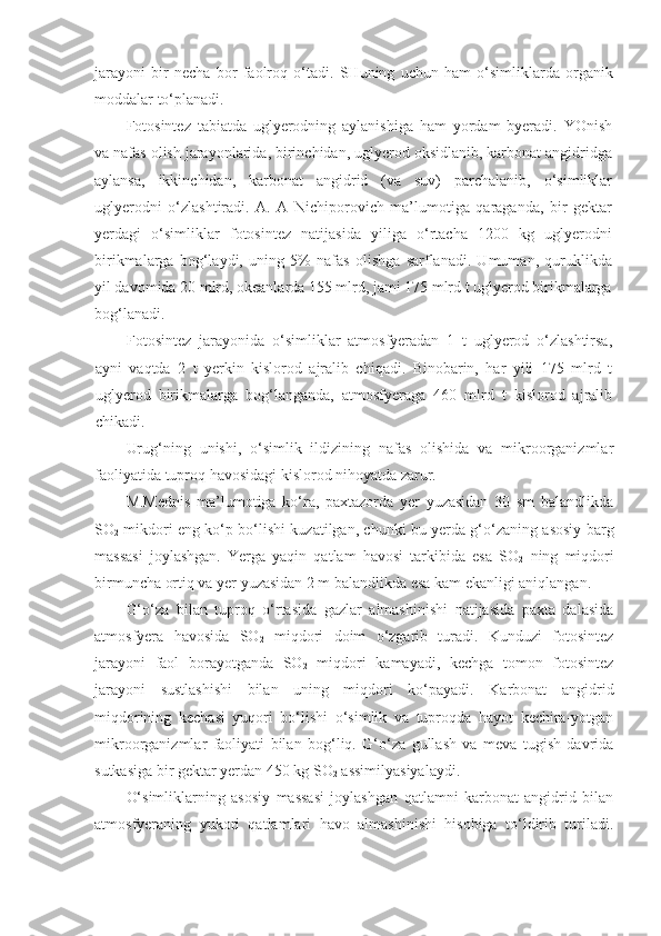 jarayoni   bir   necha   bor   faolroq   o‘tadi.   SHuning   uchun   ham   o‘simliklarda   organik
moddalar to‘planadi.
Fotosintez   tabiatda   uglyerodning   aylanishiga   ham   yordam   byeradi.   YOnish
va nafas olish jarayonlarida, birinchidan, uglyerod oksidlanib, karbonat angidridga
aylansa,   ikkinchidan,   karbonat   angidrid   (va   suv)   parchalanib,   o‘simliklar
uglyerodni   o‘zlashtiradi.   A.   A   Nichiporovich   ma’lumotiga   qaraganda,   bir   gektar
yerdagi   o‘simliklar   fotosintez   natijasida   yiliga   o‘rtacha   1200   kg   uglyerodni
birikmalarga   bog‘laydi,   uning   5%   nafas   olishga   sarflanadi.   Umuman,   quruklikda
yil davomida 20 mlrd, okeanlarda 155 mlrd, jami 175 mlrd t uglyerod birikmalarga
bog‘lanadi.
Fotosintez   jarayonida   o‘simliklar   atmosfyeradan   1   t   uglyerod   o‘zlashtirsa,
ayni   vaqtda   2   t   yerkin   kislorod   ajralib   chiqadi.   Binobarin,   har   yili   175   mlrd   t
uglyerod   birikmalarga   bog‘langanda,   atmosfyeraga   460   mlrd   t   kislorod   ajralib
chikadi.
Urug‘ning   unishi,   o‘simlik   ildizining   nafas   olishida   va   mikroorganizmlar
faoliyatida tuproq havosidagi kislorod nihoyatda zarur.
M.Mednis   ma’lumotiga   ko‘ra,   paxtazorda   yer   yuzasidan   30   sm   balandlikda
SO
2   mikdori eng ko‘p bo‘lishi kuzatilgan, chunki bu yerda g‘o‘zaning asosiy barg
massasi   joylashgan.   Yerga   yaqin   qatlam   havosi   tarkibida   esa   SO
2   ning   miqdori
birmuncha ortiq va yer yuzasidan 2 m balandlikda esa kam ekanligi aniqlangan.
G‘o‘za   bilan   tuproq   o‘rtasida   gazlar   almashinishi   natijasida   paxta   dalasida
atmosfyera   havosida   SO
2   miqdori   doim   o‘zgarib   turadi.   Kunduzi   fotosintez
jarayoni   faol   borayotganda   SO
2   miqdori   kamayadi,   kechga   tomon   fotosintez
jarayoni   sustlashishi   bilan   uning   miqdori   ko‘payadi.   Karbonat   angidrid
miqdorining   kechasi   yuqori   bo‘lishi   o‘simlik   va   tuproqda   hayot   kechira-yotgan
mikroorganizmlar   faoliyati   bilan   bog‘liq.   G‘o‘za   gullash   va   meva   tugish   davrida
sutkasiga bir gektar yerdan 450 kg SO
2  assimilyasiyalaydi.
O‘simliklarning   asosiy   massasi   joylashgan   qatlamni   karbonat   angidrid   bilan
atmosfyeraning   yukori   qatlamlari   havo   almashinishi   hisobiga   to‘ldirib   turiladi. 