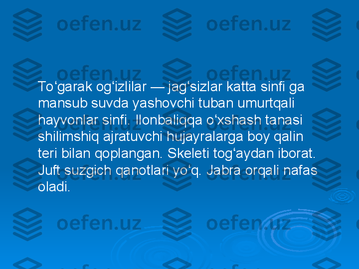 To garak og izlilar — jag sizlar katta sinfi ga ʻ ʻ ʻ
mansub suvda yashovchi tuban umurtqali 
hayvonlar sinfi. Ilonbaliqqa o xshash tanasi 	
ʻ
shilimshiq ajratuvchi hujayralarga boy qalin 
teri bilan qoplangan. Skeleti tog aydan iborat. 	
ʻ
Juft suzgich qanotlari yo q. Jabra orqali nafas 	
ʻ
oladi.  