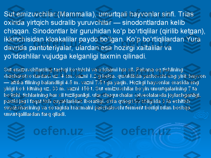 Sut emizuvchilar (Mammalia), umurtqali hayvonlar sinfi. Trias 
oxirida yirtqich sudralib yuruvchilar — sinodontlardan kelib 
chiqqan. Sinodontlar bir guruhidan ko p bo rtiqlilar (qirilib ketgan), ʻ ʻ
ikkinchisidan kloakalilar paydo bo lgan. Ko p bo rtiqlilardan Yura 	
ʻ ʻ ʻ
davrida pantoteriyalar, ulardan esa hozirgi xaltalilar va 
yo ldoshlilar vujudga kelganligi taxmin qilinadi.	
ʻ
Sut emizuvchilarning tashqi ko rinishi va o lchami har xil. Pakana oq tishlining 	
ʻ ʻ
(hasharotxo rlardan) uz. 4 sm, vazni 1,2 g kelsa, quruklikda yashovchi eng yirik hayvon 	
ʻ
— afrika filining balandligi 4,5 m, vazni 7,5 t ga yaqin. Hozirgi hayvonlar orasida eng 
yirigi ko k kitning uz. 33 m, vazni 150 t. Sut emizuvchilar bo yin umurtqalarining 7 ta 	
ʻ ʻ
bo lishi, tishlarining har xil tuzilganligi, ular chuqurchalar (alveolalar)da joylashganligi, 	
ʻ
pastki jag i faqat tish suyaklaridan iboratligi, o rta qulog i bo shlig ida 3 ta eshitish 	
ʻ ʻ ʻ ʻ ʻ
suyakchasining va so lagida kraxmalni parchalovchi ferment borligi bilan boshqa 	
ʻ
umurtqalilardan farq qiladi.  