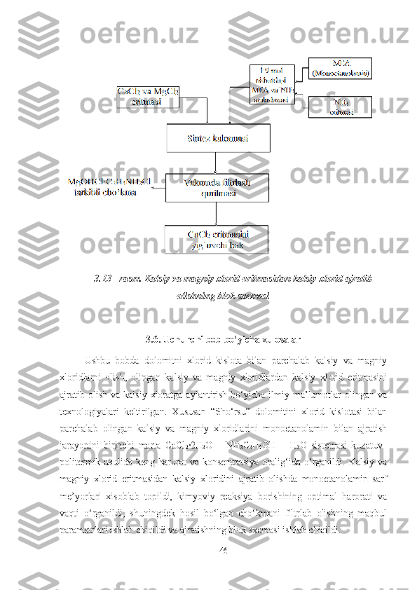 3.13 - rasm.  Kalsiy va magniy xlorid eritmasidan kalsiy xlorid ajratib
olishning blok sxemasi
3.6. Uchunchi bob bo‘yicha xulosalar
Ushbu   bobda   dolomitni   xlorid   kislota   bilan   parchalab   kalsiy   va   magniy
xloridlarni   olish,   olingan   kalsiy   va   magniy   xloridlardan   kalsiy   xlorid   eritmasini
ajratib  olish   va  kalsiy  xloratga  aylantirish  bo‘yicha  ilmiy  ma’lumotlar   olingan  va
texnologiyalari   keltirilgan.   Xususan   “Sho‘rsu”   dolomitini   xlorid   kislotasi   bilan
parchalab   olingan   kalsiy   va   magniy   xloridlarini   monoetanolamin   bilan   ajratish
jarayonini   birinchi   marta   CaCl
2 ·2H
2 O   –   NH
2 C
2 H
4 OH   –   H
2 O   sistemasi   kuzatuv–
politermik  usulida   keng  harorat  va  konsentratsiya  oralig‘ida  o‘rganildi.  Kalsiy  va
magniy   xlorid   eritmasidan   kalsiy   xloridini   ajratib   olishda   monoetanolamin   sarf
me’yorlari   xisoblab   topildi,   kimyoviy   reaksiya   borishining   optimal   harorati   va
vaqti   o‘rganildi,   shuningdek   hosil   bo‘lgan   cho‘kmani   filtrlab   olishning   maqbul
parametrlari ishlab chiqildi va ajratishning blok sxemasi ishlab chiqildi.
46 