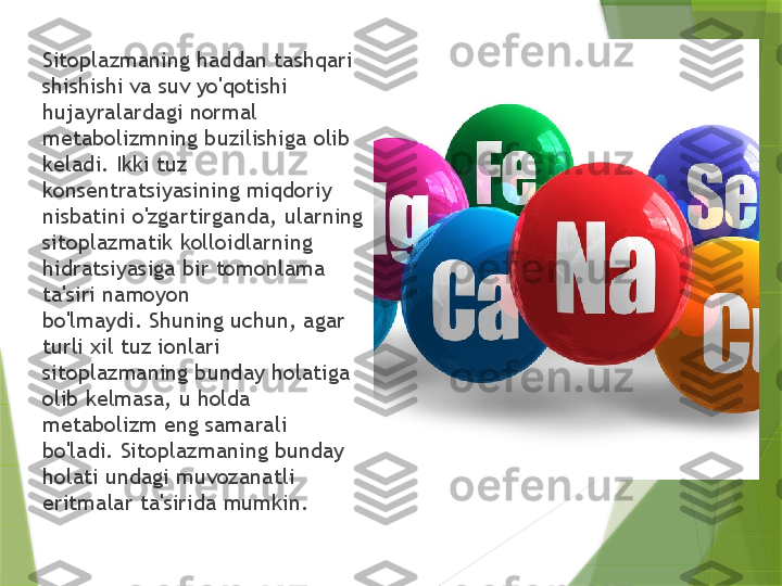 Sitoplazmaning haddan tashqari 
shishishi va suv yo'qotishi 
hujayralardagi normal 
metabolizmning buzilishiga olib 
keladi. Ikki tuz 
konsentratsiyasining miqdoriy 
nisbatini o'zgartirganda, ularning 
sitoplazmatik kolloidlarning 
hidratsiyasiga bir tomonlama 
ta'siri namoyon 
bo'lmaydi. Shuning uchun, agar 
turli xil tuz ionlari 
sitoplazmaning bunday holatiga 
olib kelmasa, u holda 
metabolizm eng samarali 
bo'ladi. Sitoplazmaning bunday 
holati undagi muvozanatli 
eritmalar ta'sirida mumkin.                 