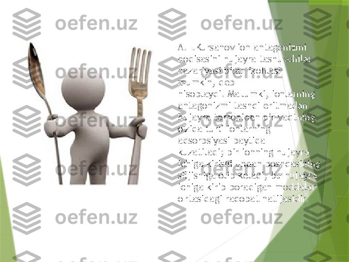 A.L.Kursanov ion antagonizmi 
hodisasini hujayra tashuvchilar 
nazariyasi bilan izohlash 
mumkin, deb 
hisoblaydi. Ma'lumki, ionlarning 
antagonizmi tashqi eritmadan 
hujayra tomonidan bir vaqtning 
o'zida turli ionlarning 
adsorbsiyasi paytida 
kuzatiladi; bir ionning hujayra 
ichiga kirishi undan boshqasining 
siljishiga olib keladi, bu hujayra 
ichiga kirib boradigan moddalar 
o'rtasidagi raqobat natijasidir.                 