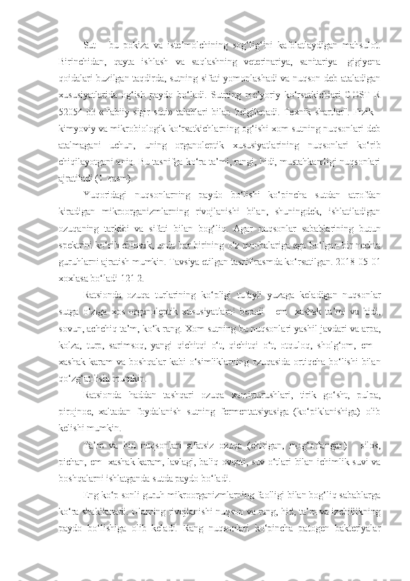 Sut   -   bu   pokiza   va   iste’molchining   sog‘lig‘ini   kafolatlaydigan   mahsulot.
Birinchidan,   qayta   ishlash   va   saqlashning   veterinariya,   sanitariya   -gigiyena
qoidalari buzilgan taqdirda, sutning sifati yomonlashadi va nuqson deb ataladigan
xususiyatlarida   og‘ish   paydo   bo‘ladi.   Sutning   me’yoriy   ko‘rsatkichlari   GOST   R
52054-03   «Tabiiy   sigir   suti»   talablari   bilan   belgilanadi.   Texnik   shartlar".   Fizik   -
kimyoviy va mikrobiologik ko‘rsatkichlarning og‘ishi xom sutning nuqsonlari deb
atalmagani   uchun,   uning   organoleptik   xususiyatlarining   nuqsonlari   ko‘rib
chiqilayotgani aniq. Bu tasnifga ko‘ra ta’mi, rangi, hidi, mustahkamligi nuqsonlari
ajratiladi (1 -rasm).
Yuqoridagi   nuqsonlarning   paydo   bo‘lishi   ko‘pincha   sutdan   atrofdan
kiradigan   mikroorganizmlarning   rivojlanishi   bilan,   shuningdek,   ishlatiladigan
ozuqaning   tarkibi   va   sifati   bilan   bog‘liq.   Agar   nuqsonlar   sabablarining   butun
spektrini ko‘rib chiqsak, unda har birining o‘z manbalariga ega bo‘lgan bir nechta
guruhlarni ajratish mumkin. Tavsiya etilgan tasnif rasmda ko‘rsatilgan. 2018-05-01
xoxlasa bo‘ladi 121 2.
Ratsionda   ozuqa   turlarining   ko‘pligi   tufayli   yuzaga   keladigan   nuqsonlar
sutga   o‘ziga   xos   organoleptik   xususiyatlarni   beradi   -   em   -xashak   ta’mi   va   hidi,
sovun, achchiq ta’m, ko‘k rang. Xom sutning bu nuqsonlari yashil javdari va arpa,
kolza,   turp,   sarimsoq,   yangi   qichitqi   o‘t,   qichitqi   o‘t,   otquloq,   sholg‘om,   em   -
xashak karam  va boshqalar kabi  o‘simliklarning ozuqasida  ortiqcha bo‘lishi  bilan
qo‘zg‘atilishi mumkin.
Ratsionda   haddan   tashqari   ozuqa   xamirturushlari,   tirik   go‘sht,   pulpa,
pirojnoe,   xaltadan   foydalanish   sutning   fermentatsiyasiga   (ko‘piklanishiga)   olib
kelishi mumkin.
Ta’m   va   hid   nuqsonlari   sifatsiz   ozuqa   (chirigan,   mog‘orlangan)   -   silos,
pichan, em -xashak karam, lavlagi, baliq ovqati, suv o‘tlari bilan ichimlik suvi va
boshqalarni ishlatganda sutda paydo bo‘ladi.
Eng ko‘p sonli guruh mikroorganizmlarning faolligi bilan bog‘liq sabablarga
ko‘ra shakllanadi. Ularning rivojlanishi nuqson va rang, hid, ta’m va izchillikning
paydo   bo‘lishiga   olib   keladi.   Rang   nuqsonlari   ko‘pincha   patogen   bakteriyalar 