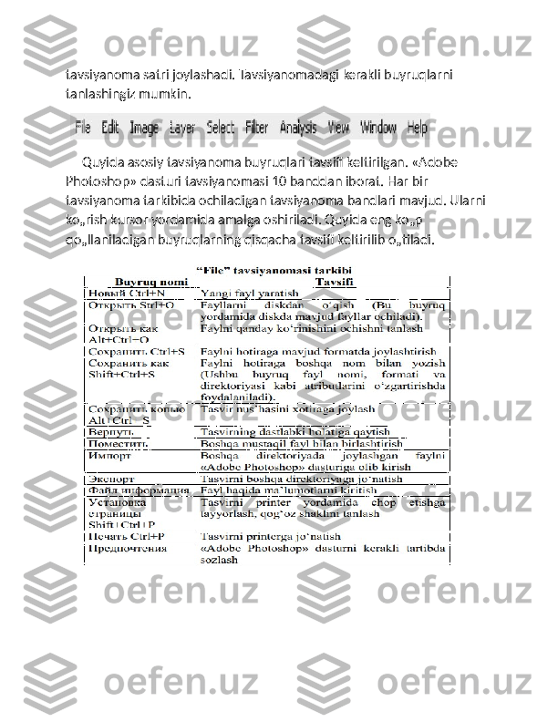 tavsiyanoma satri joylashadi. Tavsiyanomadagi kerakli buyruqlarni 
tanlashingiz mumkin.
     Quyida asosiy tavsiyanoma buyruqlari tavsifi keltirilgan. «Adobe 
Photoshop» dasturi tavsiyanomasi 10 banddan iborat. Har bir 
tavsiyanoma tarkibida ochiladigan tavsiyanoma bandlari mavjud. Ularni 
ko„rish kursor yordamida amalga oshiriladi. Quyida eng ko„p 
qo„llaniladigan buyruqlarning qisqacha tavsifi keltirilib o„tiladi. 