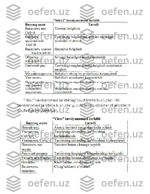           “Filter” tavsiyanomasi tarkibidagi qo„shimcha buyruqlar: Filtr 
tavsiyanomasi tarkibida buyruqlar guruhi tasvir ustida har xil effektlarni 
qo„llashga mo„ljallangan. 