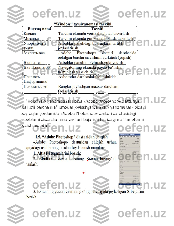      “Help” tavsiyanomasi tarkibida «Adobe Photoshop» dasturiga 
taalluqli barcha ma‟lumotlar joylashgan. Bu tavsiyanoma tarkibidagi 
buyruqlar yordamida «Adobe Photoshop» dasturi darchasidagi 
asboblarni qisqacha nima vazifani bajarishi haqidagi ma‟lumotlarni 
o„qish mumkin. 