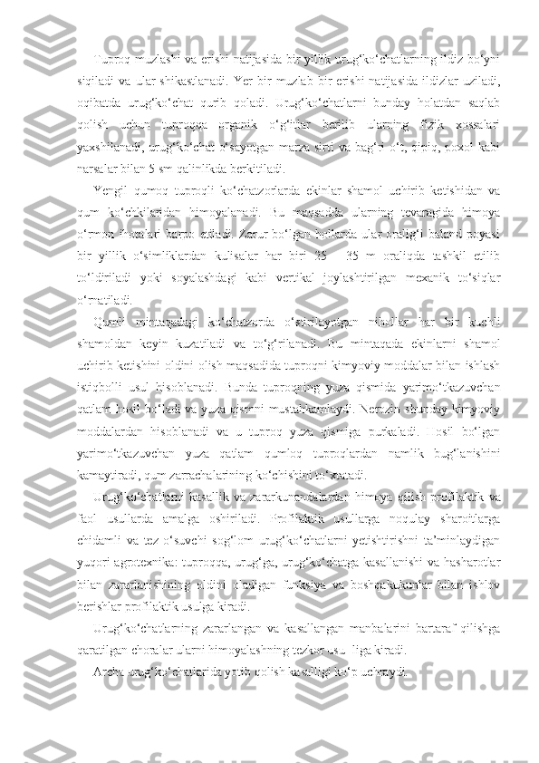 Tuproq muzlashi va erishi natijasida bir yillik urug‘ko‘chatlarning ildiz bo‘yni
siqiladi   va  ular   shikastlanadi.   Yer   bir   muzlab   bir   erishi   natijasida   ildizlar   uziladi,
oqibatda   urug‘ko‘chat   qurib   qoladi.   Urug‘ko‘chatlarni   bunday   holatdan   saqlab
qolish   uchun   tuproqqa   organik   o‘g‘itlar   berilib   ularning   fizik   xossalari
yaxshilanadi,  urug‘ko‘chat   o‘sayotgan  marza  sirti  va  bag‘ri   o‘t,  qipiq,  poxol  kabi
narsalar bilan 5 sm qalinlikda berkitiladi.
Yengil   qumoq   tuproqli   ko‘chatzorlarda   ekinlar   shamol   uchirib   ketishidan   va
qum   ko‘chkilaridan   himoyalanadi.   Bu   maqsadda   ularning   tevaragida   himoya
o‘rmon   ihotalari   barpo   etiladi.   Zarur   bo‘lgan   hollarda   ular   oralig‘i   baland   poyasi
bir   yillik   o‘simliklardan   kulisalar   har   biri   25   -   35   m   oraliqda   tashkil   etilib
to‘ldiriladi   yoki   soyalashdagi   kabi   vertikal   joylashtirilgan   mexanik   to‘siqlar
o‘rnatiladi.
Qumli   mintaqadagi   ko‘chatzorda   o‘stirilayotgan   nihollar   har   bir   kuchli
shamoldan   keyin   kuzatiladi   va   to‘g‘rilanadi.   Bu   mintaqada   ekinlarni   shamol
uchirib ketishini oldini olish maqsadida tuproqni kimyoviy moddalar bilan ishlash
istiqbolli   usul   hisoblanadi.   Bunda   tuproqning   yuza   qismida   yarimo‘tkazuvchan
qatlam hosil  bo‘ladi va yuza qismni  mustahkamlaydi.  Nerozin shunday kimyoviy
moddalardan   hisoblanadi   va   u   tuproq   yuza   qismiga   purkaladi.   Hosil   bo‘lgan
yarimo‘tkazuvchan   yuza   qatlam   qumloq   tuproqlardan   namlik   bug‘lanishini
kamaytiradi, qum zarrachalarining ko‘chishini to‘xtatadi.
Urug‘ko‘chatlarni   kasallik   va   zararkunandalardan   himoya   qi lish   profilaktik   va
faol   usullarda   amalga   oshiriladi.   Profilaktik   usullarga   noqulay   sharoitlarga
chidamli   va   tez   o‘suvchi   sog‘lom   urug‘ko‘chatlarni   yetishtirishni   ta’minlaydigan
yuqori  agrotexnika:  tuproqqa, urug‘ga, urug‘ko‘chatga kasallanishi  va hasharotlar
bilan   zararlanishining   oldini   oladigan   funksiya   va   boshqakukunlar   bilan   ishlov
berishlar profilaktik usulga kiradi.
Urug‘ko‘chatlarning   zararlangan   va   kasallangan   manbalarini   bartaraf   qilishga
qaratilgan choralar ularni himoyalashning tezkor usu- liga kiradi.
Archa urug‘ko‘chatlarida yotib qolish kasalligi ko‘p uchraydi. 