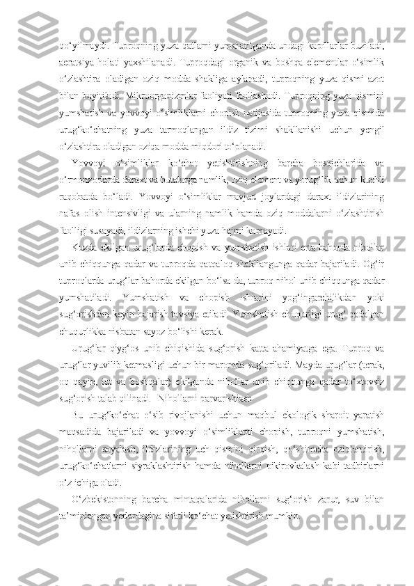 qo‘yilmaydi. Tuproqning yuza qatlami yumshatilganda undagi kapillarlar buziladi,
aeratsiya   holati   yaxshilanadi.   Tuproqdagi   organik   va   boshqa   elementlar   o‘simlik
o‘zlashtira   oladigan   oziq   modda   shakliga   aylanadi,   tuproqning   yuza   qismi   azot
bilan boyitiladi. Mikroorganizmlar faoliyati faollashadi. Tuproqning yuza qismini
yumshatish   va   yovvoyi   o‘simliklarni   chopish   natijasida   tuproqning   yuza   qismida
urug‘ko‘chatning   yuza   tarmoqlangan   ildiz   tizimi   shakllanishi   uchun   yengil
o‘zlashtira oladigan oziqa modda miqdori to‘planadi.
Yovvoyi   o‘simliklar   ko‘chat   yetishtirishning   barcha   bosqichlarida   va
o‘rmonzorlarda daraxt va butalarga namlik, oziq element va yorug‘lik uchun kuchli
raqobatda   bo‘ladi.   Yovvoyi   o‘simliklar   mavjud   joylardagi   daraxt   ildizlarining
nafas   olish   intensivligi   va   ularning   namlik   hamda   oziq   moddalarni   o‘zlashtirish
faolligi susayadi, ildizlarning ishchi yuza hajmi kamayadi.
Kuzda   ekilgan   urug‘larda   chopish   va   yumshatish   ishlari   erta   bahorda   nihollar
unib chiqqunga qadar va tuproqda qatqaloq shakllangunga qadar bajariladi. Og‘ir
tuproqlarda urug‘lar bahorda ekilgan bo‘lsa-da, tuproq nihol unib chiqqunga qadar
yumshatiladi.   Yumshatish   va   chopish   ishlarini   yog‘ingarchilikdan   yoki
sug‘orishdan keyin bajarish tavsiya etiladi. Yumshatish chuqurligi urug‘ qadalgan
chuqurlikka nisbatan sayoz bo‘lishi kerak.
Urug‘lar   qiyg‘os   unib   chiqishida   sug‘orish   katta   ahamiyatga   ega.   Tuproq   va
urug‘lar yuvilib ketmasligi uchun bir maromda sug‘oriladi. Mayda urug‘lar (terak,
oq   qayin,   tut   va   boshqalar)   ekilganda   nihollar   unib   chiqqunga   qadar   to‘xtovsiz
sug‘ori sh talab qilinadi. Nihollarni parvarishlash
Bu   urug‘ko‘chat   o‘sib   rivojlanishi   uchun   maqbul   ekologik   sharoit   yaratish
maqsadida   bajariladi   va   yovvoyi   o‘simliklarni   chopish,   tuproqni   yumshatish,
nihollarni   soyalash,   ildizlarining   uch   qismini   qirqish,   qo‘shimcha   oziqlantirish,
urug‘ko‘chatlarni   siyraklashtirish   hamda   nihollarni   pikirovkalash   kabi   tadbirlarni
o‘z ichiga oladi.
O‘zbekistonning   barcha   mintaqalarida   nihollarni   sug‘orish   zarur,   suv   bilan
ta’minlangan yerlardagina sifatli ko‘chat yetishtirish mumkin. 