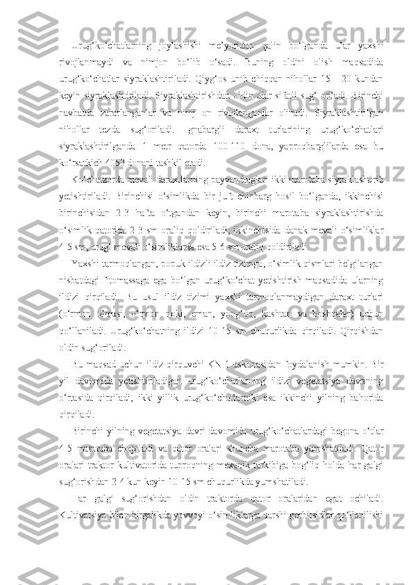 Urug‘ko‘chatlarning   joylashishi   me’yoridan   qalin   bo‘lganda   ular   yaxshi
rivojlanmaydi   va   nimjon   bo‘lib   o‘sadi.   Buning   oldini   olish   maqsadida
urug‘ko‘chatlar   siyraklashtiriladi.   Qiyg‘os   unib   chiqqan   nihollar   15   -   20   kundan
keyin siyraklashtiriladi. Siyraklashtirishdan  oldin ular sifatli  sug‘  oriladi. Birinchi
navbatda   zararlanganlar   va   nimj   on   rivojlanganlar   olinadi.   Siyraklashtirilgan
nihollar   tezda   sug‘oriladi.   Ignabargli   daraxt   turlarining   urug‘ko‘chatlari
siyraklashtirilganda   1   metr   qatorda   100-110   dona,   yaproqbarglilarda   esa   bu
ko‘rsatkich  40 50  donani tashkil etadi.
Ko‘chatzorda mevali daraxtlarning payvandtaglari ikki marotaba siyraklashtirib
yetishtiriladi.   Birinchisi   o‘simlikda   bir   juft   chinbarg   hosil   bo‘lganda,   ikkinchisi
birinchisidan   2-3   hafta   o‘tgandan   keyin,   birinchi   marotaba   siyraklashtirishda
o‘simlik  qatorida 2-3 sm  oraliq qoldiriladi, ikkinchisida  danak mevali  o‘simliklar
4-5 sm, urug‘ mevali o‘simliklarda esa 5-6 sm oraliq qoldiriladi.
Yaxshi tarmoqlangan, popuk ildizli ildiz tizimga, o‘simlik qismlari belgilangan
nisbatdagi   fitomassaga   ega   bo‘lgan   urug‘ko‘chat   yetishtirish   maqsadida   ularning
ildizi   qirqiladi.   Bu   usul   ildiz   tizimi   yaxshi   tarmoqlanmaydigan   daraxt   turlari
(o‘rmon   olmasi,   o‘rmon   noki,   eman,   yong‘oq,   kashtan   va   boshqalar)   uchun
qo‘llaniladi.   Urug‘ko‘chatning   ildizi   10-15   sm   chuqurlikda   qirqiladi.   Qirqishdan
oldin sug‘oriladi.
Bu maqsad uchun ildiz qirquvchi KN-1 uskunasidan  foydalanish mumkin. Bir
yil   davomida   yetishtiriladigan   urug‘ko‘chatlarning   ildizi   vegetatsiya   davrining
o‘rtasida   qirqiladi,   ikki   yillik   urug‘ko‘chatlarniki   esa   ikkinchi   yilning   bahorida
qirqiladi.
Birinchi   yilning  vegetatsiya   davri   davomida   urug‘ko‘chatlardagi   begona   o‘tlar
4-5   marotaba   chopiladi   va   qator   oralari   shuncha   marotaba   yumshatiladi.   Qator
oralari   traktor   kultivatorida  tuproqning  mexanik   tarkibiga   bog‘liq   holda   har   galgi
sug‘orishdan 2-4 kun keyin 10-15 sm chuqurlikda yumshatiladi.
Har   galgi   sug‘orishdan   oldin   traktorda   qator   oralaridan   egat   ochiladi.
Kultivatsiya bilan birgalikda yovvoyi o‘simliklarga qarshi gerbitsidlar qo‘llanilishi 