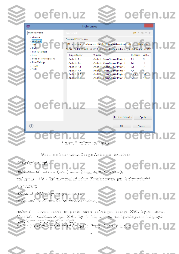 6-rasm. “Preferences” oynasi
Mobil telefonlar uchun Google Androidda dasturlash.
Resurslar katalogi.
res/drawable/ - tasvirlar (rasm) uchun (png, jpeg va boshqalar);
res/layout/ - XML-fayl razmetkalari uchun (ilovalar oynasi grafik elementlarini 
boshqarish);
res/menu/ - XML-fayl menyulari uchun; 
res/values/ - satrli resurslar va massivlar uchun;
res/xml/   -   ilovani   ishlab   chiqishda   kerak   bo‘ladigan   boshqa   XML-fayllar   uchun
Manifest   -   strukturalashgan   XML-fayl   bo‘lib,   u   ilova   konfiguratsiyasini   belgilaydi:
ilova komponentlarini e’lon qiladi,.
Android ilovalari komponentlari 4 turga bo‘linadi. Ular quyidagilar: 
19 