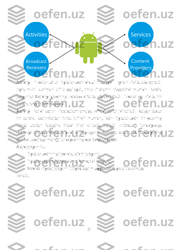 Activity  -  ilovalar   uchun  foydalanuvchi  visual   interfeysi  -   oynani   o‘zida  aks  ettiradi.
Oyna   mobil   qurilmani   to‘liq   egallaydi,  biroq  o‘lchamni   o‘zgartirish   mumkin.   Barcha
jarayonlar   Activity   klassining   ostklass   sifatida   o‘zlashtiriladi.   Ilovalar   esa   o‘zida   bir
qancha jarayonlarni saqlaydi.
Activity - har xil action - harakatlarni amalga oshirish uchun ishlatiladi. I s t a l g a n da st ur
bir   q a n ch a  ― ac t i o n	‖ la r d a n   ib or a t   b o‘l ish i   m u m kin,   l e ki n   foydalanuvchi   bir   vaqtning
o‘zida   ulardan   faqatgina   bittasi   bilan   aloqada   bo‘l a d i.   o nCr e at e ()   f u n k t s i ya s i ga	
―
ac t iv it y	‖   b i r i n ch i   m ar o t a ba   x os il   qilinayotganda   murojaat   etiladi.   Bu   funktsiyaning
vazifasi Java’dagi main() funksiyasining vasifasiga   o‘xshash.
Aktiv jarayon bu -
- foydalanuvchining bevosita ta’siri   jarayoni;
- foydalanuvchi ta’siriga xizmat ko‘rsatish jarayoni;
- Service obyekti jarayoni. Obyektdagi muayyan bir qayta aloqa   amalga
oshadi;
20 