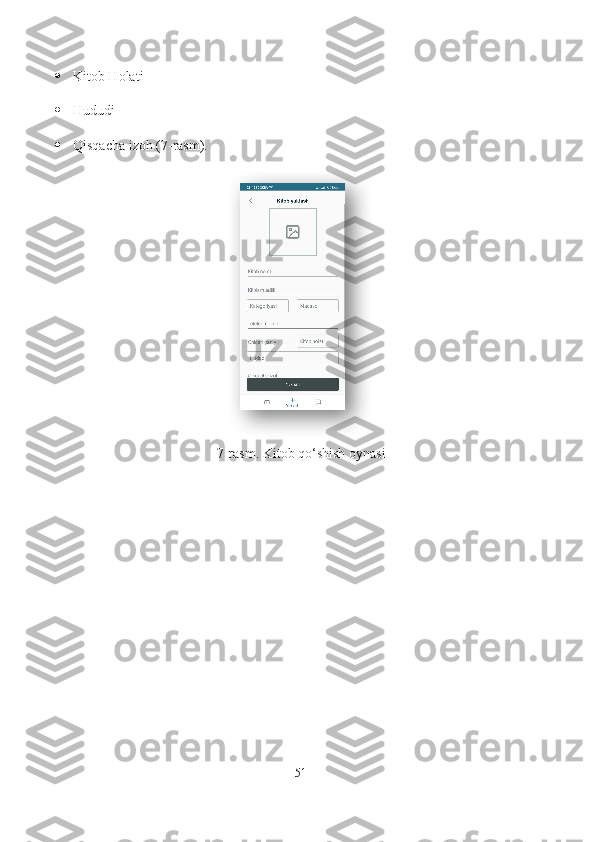  Kitob Holati
 Hududi
 Qisqacha izoh (7-rasm).
7-rasm. Kitob qo‘shish oynasi
51  