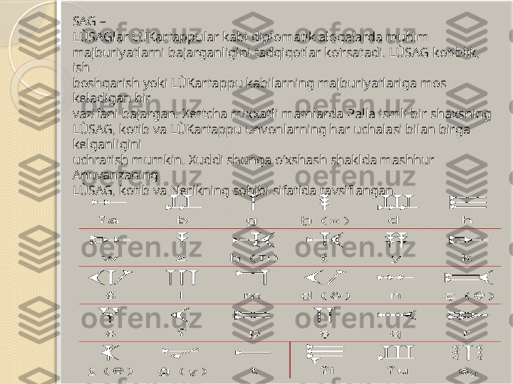 SAG –
LÙSAGlar LÙKartappular kabi diplomatik aloqalarda muhim 
majburiyatlarni bajarganligini tadqiqotlar ko‘rsatadi. LÙSAG kotiblik, 
ish 
boshqarish yoki LÙKartappu kabilarning majburiyatlariga mos 
keladigan bir 
vazifani bajar g an. Xettcha mixxatli matnlarda Palla ismli bir shaxsning 
LÙSAG, kotib va LÙKartappu unvonlarning har uchalasi bilan birga 
kelganligini 
uchratish mumkin. Xuddi shunga o‘xshash shaklda mashhur 
Anuvanzaning 
LÙSAG, kotib va Nerikning sohibi sifatida tavsiflangan.        