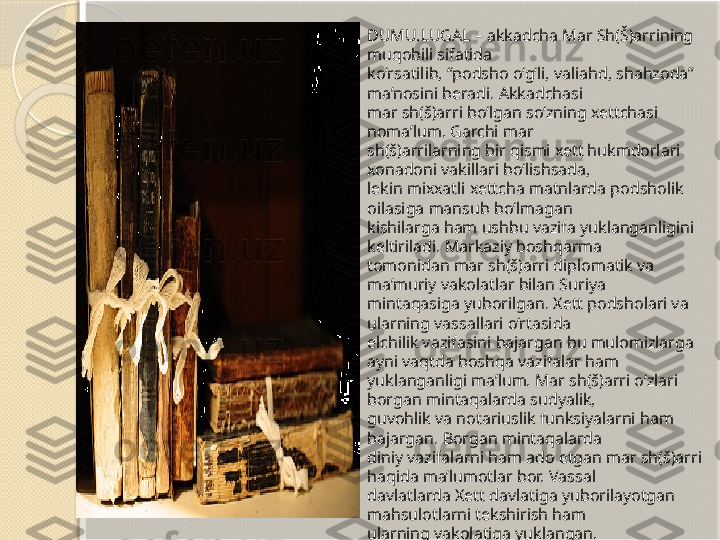 DUMU.LUGAL – akkadcha Mar Sh(Š)arrining 
muqobili sifatida 
ko‘rsatilib, “podsho o‘g‘li, valiahd, shahzoda” 
ma’nosini beradi. Akkadchasi 
mar sh(š)arri bo‘lgan so‘zning xettchasi 
noma’lum. Garchi mar 
sh(š)arrilarning bir qismi xett hukmdorlari 
xonadoni vakillari bo‘lishsada, 
lekin mixxatli xettcha matnlarda podsholik 
oilasiga mansub bo‘lmagan 
kishilarga ham ushbu vazifa yuklanganligini 
keltiriladi. Markaziy boshqarma 
tomonidan mar sh(š)arri diplomatik va 
ma’muriy vakolatlar bilan Suriya 
mintaqasiga yuborilgan. Xett podsholari va 
ularning vassallari o‘rtasida 
elchilik vazifasini bajargan bu mulomizlarga 
ayni vaqtda boshqa vazifalar ham 
yuklanganligi ma’lum. Mar sh(š)arri o‘zlari 
borgan mintaqalarda sudyalik, 
guvohlik va notariuslik funksiyalarni ham 
bajargan. Borgan mintaqalarda 
diniy vazifalarni ham ado etgan mar sh(š)arri 
haqida ma’lumotlar bor. Vassal 
davlatlarda Xett davlatiga yuborilayotgan 
mahsulotlarni tekshirish ham 
ularning vakolatiga yuklangan.       