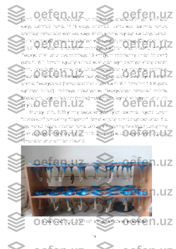 solinib   bog`lanadi.   Salfetkalardagi   har   bir   namuna   etiketkalashtirilgan   voronkalar
suviga   tushiriladi   hamda   14-15   soatga   qoldiriladi.   Ushbu   vaqt   davomida   namuna
tarkibidagi   nematodalar   sekin-asta   suvga   chiqib,   voronka   nayidagi   suv   tubiga   tushadi.
Cho`kib to`plangan nematodalar ajratilgan vaqt tugagach, probirkaga o`tkazilishi lozim
bo`ladi.   Voronkadan   nematodalarni   probirkaga   suv   bilan   birga   o`tkazib,   bir   yo`la
fiksatsiya   qilish   uchun   toza   probirkaga   1.5   sm³   (ya`ni   probirkaning   o`ndan   bir   qismi)
gacha 40 % li formalin suyuqligi solinadi va shundan keyin qistirilgan shlang qisqichi
olinib,   ohistalik   bilan   voronka   nayi   tubidagi   nematodalar   suv   bilan   birga   probirkaga
o`tkaziladi.   Formalinli   probirkaga   o`tkazilgan   nematodalar   shu   zahotiyoq   formalin
ta`sirida fiksatsiyalanadi (nematodalar bilan o`tgan suv 40 % li formalinni 4-5 % gacha
suyiltirgan   bo`ladi).   Probirkaga   o`tkazilgan   va   fiksatsiyalangan   nematodali   probirka
etiketkalanib, og`zi po`kak tiqin (probka) mahkamlanib, keyingi ish jarayoni uchun olib
qo`yiladi. 
Shunday   qilib,   2022-yilning   avgust-sentyabr   oylari   davomida   Payariq   tumani
“O`zbekiston”   jamoasining   “Gegemon”   fermer   xo`jaligi   pomidor   agrotsenozidan   6   ta
turga mansub begona o`tlaridan hamda ushbu o`simliklarning rizosferalari tuprog`ining
20 sm gacha qatlamidan hammasi bo`lib 120 ta o`simlik va tuproq namunalari to`planib,
nematodalar uchun tahlildan o`tkazildi. 
1-rasm. Tadqiqot uchun qo’llanilgan shtativ va voronkalar
18 