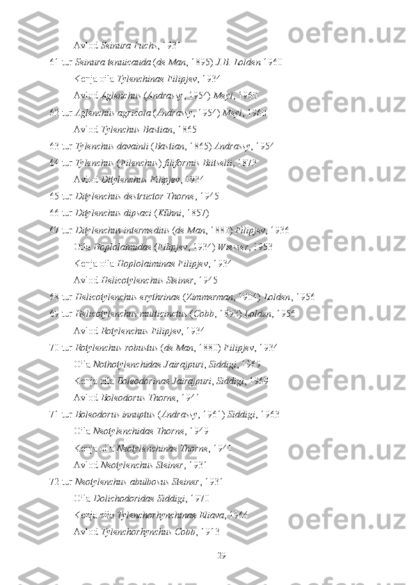 Avlod  Seinura Fuchs , 1931
61 tur  Seinura   tenuicauda  ( de Man , 1895)  J.B. Lolden  1960
Kenja oila  Tylenchinae Filipjev , 1934
Avlod  Aglenchus  ( Andrassy , 1954)  Meyl , 1960
62 tur  Aglenchus agricola  ( Andrassy , 1954)  Meyl , 1960 
Avlod  Tylenchus   Bastian , 1865
63 tur  Tylenchus   davainli  ( Bastian , 1865)  Andrassy , 1954
64 tur  Tylenchus  ( Filenchus )  filiformis Biitselii , 1873
Avlod  Ditylenchus Filipjev , 1934
65 tur  Ditylenchus destructor Thorne , 1945
66 tur  Ditylenchus   dipsaci  ( Kűhni , 1857)
67 tur  Ditylenchus   intermedius  ( de Man , 1880)  Filipjev , 1936
Oila  Hoplolaimidae  ( Filipjev , 1934)  Wiesser , 1953
Kenja oila  Hoplolaiminae   Filipjev , 1934
Avlod  Helicotylenchus   Steiner , 1945
68 tur  Helicotylenchus   erythrinae  ( Zimmerman , 1904)  Lolden , 1956
69 tur  Helicotylenchus   multicinctus  ( Cobb , 1893)  Lolden , 1956
Avlod  Rotylenchus   Filipjev , 1934
70 tur  Rotylenchus   robustus  ( de   Man , 1880)  Filipjev , 1934
Oila  Nothotylenchidae   Jairajpuri ,  Siddigi , 1969
Kenja oila  Boleodorinae   Jairajpuri ,  Siddigi , 1969
Avlod  Boleodorus   Thorne , 1941
71 tur  Boleodorus   innuptus  ( Andrassy , 1961)  Siddigi , 1963 
Oila  Neotylenchidae   Thorne , 1949
Kenja oila  Neotylenchinae   Thorne , 1941
Avlod  Neotylenchus   Steiner , 1931
72 tur  Neotylenchus   abulbosus   Steiner , 1931
Oila  Dolichodoridae   Siddigi , 1970
Kenja oila  Tylenchorhynchinae   Eliava , 1964
Avlod  Tylenchorhynchus   Cobb , 1913  
29 