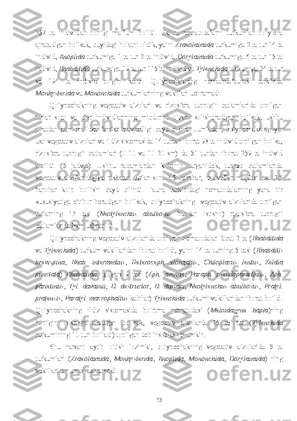 357   ta   individlar   borligi   ma`lum   bo`ldi.   Ushbu   nematodalarni   turkumlar   bo`yicha
ajratadigan bo`lsak, quyidagi holatni oldik, ya`ni  Araeolaimida  turkumiga 2 ta tur 14 ta
individ,   Enoplida   turkumiga 1 ta tur 2 ta individ,   Dorylaimida   turkumiga 6 ta tur 15 ta
individ,  Rhabditida  turkumiga 19 ta tur 115 ta individ va  Tylenchida  turkumiga 24 ta tur
va   194   ta   individ   to`g`ri   keldi.   Qo`ypechakning   nematodafaunasi   tarkibida
Monhysterida  va  Mononchida  turkumlarining vakillari uchramadi.
Qo`ypechakning   vegetativ   a`zolari   va   rizosfera   tuprog`i   qatlamlarida   topilgan
turlar   soni   va   ular   individlarining   miqdorini   o`zaro   solishtiradigan   bo`lsak,   ushbu
jihatdan   ham   ma`lum   farqlar   mavjudligi   qayd   qilindi.   Jumladan,   qo`ypechakning   yer
usti vegetativ a`zolari va ildiz sistemasida 14 turdan iborat 98 ta individ topilgan bo`lsa,
rizosfera   tuprog`i   qatlamlari   (0-10   va   10-20   sm)   da   51   turdan   iborat   259   ta   individ
topildi.   (5   jadval).   Ushbu   raqamlardan   ko`rinib   turganidek,   tuproq   qatlamlarida
vegetativ   a`zolaridagiga   nisbatan   turlar   soni   3.5   barobar,   individlar   miqdori   esa   2.5
barobar   ko`p   bo`lishi   qayd   qilindi.   Fauna   tarkibidagi   nematodalarning   yana   bir
xususiyatiga   e`tibor   beradigan   bo`lsak,   qo`ypechakning     vegetativ   a`zolarida   topilgan
turlarning   13   tasi   ( Neotylenchus   abulbosus   bundan   istisno)   rizosfera   tuprog`i
qatlamlarida ham uchratildi. 
Qo`ypechakning   vegetativ  a`zolarida  topilgan  nematodalar   faqat   2  ta  ( Rhabditida
va   Tylenchida )   turkum   vakillaridan   iborat   bo`ldi,  ya`ni   14   ta  turning  5   tasi   ( Rhabditis
brevispina ,   Rhab.   intermedius ,   Heteroceph.   elongatus ,   Chiloplacus   lentus ,   Zeldia
punctata )   Rhabditida ,   qolgan   9   tasi   ( Aph.   avenae ,   Paraph.   pseudoparietinus ,   Aph.
parietinus ,   Tyl.   davainii ,   D.   destructor ,   D.   dipsaci ,   Neotylenchus   abulbosus ,   Pratyl.
pratensis ,  Paratyl. macrophallus  kabilar)  Tylenchida  turkumi vakillaridan iborat bo`ldi.
Qo`ypechakning   ildiz   sistemasida   bo`rtma   nematodasi   ( Meloidagyne   hapla )ning
borligini   hisobga   oladigan   bo`lsak,   vegetativ   a`zolarda   15   ta   tur   ( Tylenchida
turkumining 10-turi bo`ladi) topilgan deb hisoblash mumkin.
Shu   narsani   aytib   o`tish   lozimki,   qo`ypechakning   vegetativ   a`zolarida   5   ta
turkumlari   ( Araeolaimida ,   Monhysterida ,   Enoplida ,   Mononchida ,   Dorylaimida )   ning
vakillari umuman uchramadi.
35 
