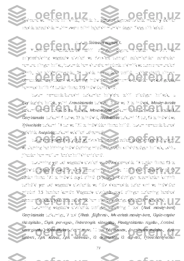 boshpana   va     manba   bo`lishida,   hamda   bu   parazitni   agrotsenozlarda   madaniy   ekinlar
orasida tarqatishda muhim zveno rolini bajarishi mumkin degan fikrga olib keladi.
Ituzum- Solanum nigrum L.
Yuqorida   nematodafaunasi   tahlil   qilingan   begona   o`tlardan   semizo`t   va
qo`ypechakning   vegetativ   a`zolari   va   rizosfera   tuprog`i   qatlamlaridan   qanchadan
namuna olingan bo`lsa, ituzumda ham shuncha miqdorda o`simlik va tuproq namunalari
olinib,   ular   tahlil   qilinganda,   28     tasida   nematodalar   topildi.   Ushbu   ajratib   olingan
nematodalarning   turlari   va   ularning   individlari   taksonomik   tahlildan   o`tkazilganda,
hammasi bo`lib 46 turdan iborat 235 individ aniqlandi. 
Ituzum   nematodafaunasini   turkumlar   bo`yicha   tahlil   qiladigan   bo`lsak,   u
quyidagicha   bo`ldi,   ya`ni   Araeolaimida   turkumi   2   tur   va   3   ta   individ,   Monhysterida
turkumi   ham   2   tur   va   5   ta   individ,   Mononchida   turkumi   2   ta   tur   va   5   ta   individ,
Dorylaimida   turkumi 6 tur va 23 ta individ,  Rhabditida  turkumi 16 tur, 69 ta individ va
Tylenchida   turkumi 18 tur va 130 ta individdan iborat bo`ldi. Ituzum nematodafaunasi
tarkibida  Enoplida  turkumi vakillari uchramadi.
Ituzumning vegetativ a`zolari va rizosfera tuprog`i qatlamlarida topilgan turlar soni
va ularning har birining individlarining miqdorini o`zaro solishtiradigan bo`lsak, ushbu
jihatdan ham ma`lum farqlar bo`lishi aniqlandi. 
Ituzumning   yer   usti   vegetativ   a`zolari   va   ildiz   sistemasida   18   turdan   iborat   65   ta
individ   topilgan   bo`lsa,   rizosfera   tuprog`ining   0-10   va   10-20   sm   li   qatlamlarida   45
turdan   iborat   170   ta   individ   qayd   qilindi   (5   jadval).   Keltirilgan   raqamlardan   ko`rinib
turibdiki   yer   usti   vegetativ   a`zolarida   va   ildiz   sistamasida   turlar   soni   va   individlar
miqdori   2.5   barobar   kamdir.   Vegetativ   a`zolarda   qayd   qilingan   turlarning   barchasi
tuproqning ikkala yoki bitta qatlamida ham o`z individlariga ega bo`lishi aniqlandi. 
Ituzumning   vegetativ   a`zolarida   topilgan   turlarning   1   tasi   ( Eud.   monhystera )
Dorylaimida   turkumiga,   7   tasi   ( Rhab.   filiformis ,   Mesorhab.monhystera ,   Diploscapter
rhizophilus ,   Ceph.  persegnis ,   Heteroceph.   elongatus ,   Panagrolaimus  rigidus ,   Acrobel.
emarginatus )   Rhabditida   turkumiga   va   10   tasi   ( A ,   avenae ,   A.   cylindricaudatus ,     Aph.
limberi ,   Aph.   kűhnii ,   Aph.   subtenuis ,   D.   destructor ,   D.   dipsaci ,   Tylenchorhynchus
37 