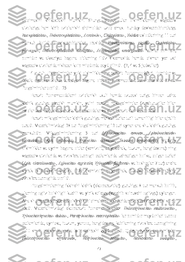 to`qimasini   shikastlashi   mumkin.   Shunga   binoan   ular   o`simliklarning   vegetativ
a`zolariga   ham   kirib   oziqlanishi   ehtimoldan   uzoq   emas.   Bunday   devisaprobiontlarga
Eucephalobus ,   Heterocephalobus ,   Acrobeles ,   Chiloplacus ,   Zeldia   avlodlarining 11 turi
mansub   bo`ldi.   Devisaprobiontlar   orasidan   Panagrolaimus   rigidus ,   Cephalobus
persegnis ,   Heterocephalobus   elongatus ,   Acrobeloides   emarginatus   kabilar   pomidor,
pomidor   va   aksariyat   begona   o`tlarning   ildiz   sistemasida   hamda   qisman   yer   usti
vegetativ a`zolarida nisbatan ko`p miqdorda qayd qilindi.  (3, 4 va 5 jadvallar). 
4-guruh. Fitogelmintlar yoki o`simliklarning parazit fitonematodalari. Pomidor va
ikkala   agrotsenozlarda   tarqalgan   begona   o`tlarning   nematodafaunasi   tarkibida   27   tur
fitogelmintlar topildi. [25] 
Parazit   fitonematodalarni   oziqlanish   usuli   hamda   ozuqasi   turiga   binoan   uchta
kichik   guruhga   ajratish   mumkin,   ya`ni   parazit   mikogelmintlar   (zamburug`lar   bilan
oziqlanuvchilar), ektoparazit fitonematodalar va chin parazit fitonematodalar. 
Parazit mikogelmintlar kichik guruhiga mansub turlar turli-tumanliligi bilan ajralib
turadi. Materialimizdagi 28 tur fitogelmintlarning 12 turi aynan ana shu kichik guruhga
mansubdir.   Mikogelmintlarning   5   turi   ( Aphelenchus   avenae ,   Aphelenchoides
bicaudatus ,   Aph.   subtenuis ,   Tylenchus   davainii ,   Seinura   tenuicauda )   madaniy
o`simliklar   va   ayrim   begona   o`tlar   (semizo`t,   qo`ypechak,   ituzum,   bangidevona)   ning
vegetativ a`zolarida va rizosfera tuprog`i qatlamlarida uchratilgan bo`lsa, qolgan turlari
( Aph. clarolineatus ,  Aglenchus agricola, Tylenchus filiformis   va boshqalar-7 tur) ancha
siyrak   holda   ayrim   begona   o`tlar   (semizo`t,   qo`ypechak,   ituzum,   bangidevona)ning
rizosfera tuprog`ida topildi. 
Fitogelmintlarning   ikkinchi   kichik   (ektoparazitlar)   guruhiga   8   tur   mansub   bo`lib,
ularning   og`iz   bo`shlig`i   kuchli   va   yirik  stiletga   (sanchib-so`ruvchi   og`izga)   aylangan.
Ana shu organi yordamida o`simlik to`qimalarini tashqaridan turib teshib, shirani so`rib
oladi.   Materialimizdagi   ektoparazit   fitonematodalardan   Helicotylenchus   multicinctus ,
Tylenchorhynchus dubius ,   Paratylenchus macrophallus   lar pomidor maydonlari tuproq
qatlamlarida,   ayniqsa,   ituzum,   yantoq,   bangidevona   kabilarning   rizosfera   tuprog`ining
0-10   sm   li   qatlamida   ancha   ko`p   uchrashi   qayd   qilindi.   Qolgan   turlari   esa   jumladan
Helicotylenchus   erythrinae ,   Rotylenchus   robustus ,   Boleodorus   innuptus ,
47 