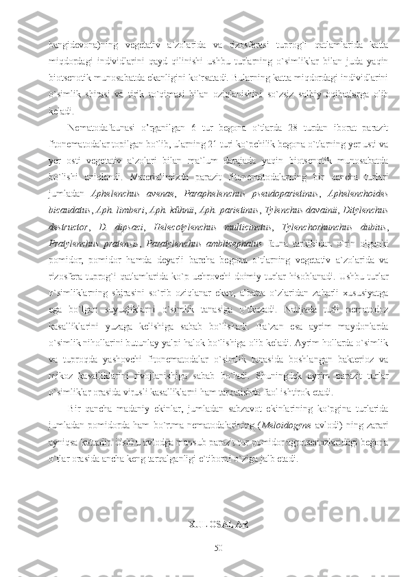 bangidevona)ning   vegetativ   a`zolarida   va   rizosferasi   tuprog`i   qatlamlarida   katta
miqdordagi   individlarini   qayd   qilinishi   ushbu   turlarning   o`simliklar   bilan   juda   yaqin
biotsenotik munosabatda ekanligini ko`rsatadi. Bularning katta miqdordagi individlarini
o`simlik   shirasi   va   tirik   to`qimasi   bilan   oziqlanishini   so`zsiz   salbiy   oqibatlarga   olib
keladi.
Nematodafaunasi   o’rganilgan   6   tur   begona   o`tlarda   28   turdan   iborat   parazit
fitonematodalar topilgan bo`lib, ularning 21 turi ko`pchilik begona o`tlarning yer usti va
yer   osti   vegetativ   a`zolari   bilan   ma`lum   darajada   yaqin   biotsenotik   munosabatda
bo`lishi   aniqlandi.   Materialimizda   parazit   fitonematodalarning   bir   qancha   turlari
jumladan   Aphelenchus   avenae ,   Paraphelenchus   pseudoparietinus ,   Aphelenchoides
bicaudatus ,  Aph. limberi ,  Aph. kűhnii ,  Aph. parietinus ,  Tylenchus davainii ,  Ditylenchus
destructor ,   D.   dipsaci ,   Helecotylenchus   multicinctus ,   Tylenchorhunchus   dubius ,
Pratylenchus   pratensis ,   Paratylenchus   amblicephalus   fauna   tarkibidan   o`rin   olganki
pomidor,   pomidor   hamda   deyarli   barcha   begona   o`tlarning   vegetativ   a`zolarida   va
rizosfera   tuprog`i   qatlamlarida   ko`p   uchrovchi   doimiy  turlar   hisoblanadi.   Ushbu   turlar
o`simliklarning   shirasini   so`rib   oziqlanar   ekan,   albatta   o`zlaridan   zaharli   xususiyatga
ega   bo`lgan   suyuqliklarni   o`simlik   tanasiga   o`tkazadi.   Natijada   turli   nematodoz
kasalliklarini   yuzaga   kelishiga   sabab   bo`lishadi.   Ba`zan   esa   ayrim   maydonlarda
o`simlik nihollarini butunlay yalpi halok bo`lishiga olib keladi. Ayrim hollarda o`simlik
va   tuproqda   yashovchi   fitonematodalar   o`simlik   tanasida   boshlangan   bakterioz   va
mikoz   kasalliklarini   rivojlanishiga   sabab   bo`ladi.   Shuningdek   ayrim   parazit   turlar
o`simliklar orasida virusli kasalliklarni ham tarqatishda faol ishtirok etadi. 
Bir   qancha   madaniy   ekinlar,   jumladan   sabzavot   ekinlarining   ko`pgina   turlarida
jumladan   pomidorda   ham   bo`rtma   nematodalarining   ( Meloidogyne   avlodi )   ning   zarari
ayniqsa kattadir. Ushbu avlodga mansub parazit tur pomidor agrotsenozlaridagi begona
o`tlar orasida ancha keng tarqalganligi e`tiborni o`ziga jalb etadi. 
XULOSALAR
50 