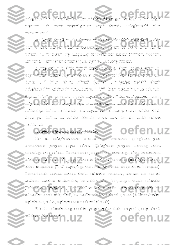 qo‘zg‘atuvchi bilan mahkamlash uchun ishlab chiqarilgan. Masalan “O‘tir” degan
buyruqni   uch   marta   qaytarilgandan   keyin   shartsiz   qo‘zg‘atuvchi   bilan
mahkamlanadi.
Ma’lumki,   shartli   refleks   shartsiz   refleks   asosida   ishlab   chiqariladi.   Lekin
oldin ishlab chiqarilgan shartli refleks asosida yangi shartli refleks ishlab chiqarilsa
bo‘ladi.   Bu   reflekslar   oliy   darajadagi   reflekslar   deb   ataladi   (birinchi,   ikkinchi,
uchinchi). Ularni ishlab chiqarish juda qiyin va ular tez yo‘qoladi.
Buning   uchun   boshida   “o‘tir”   degan   buyruqga   shartli   refleks   yaratiladi.
Keyin   “o‘tir”   degan   buyruqning   asosida   o‘tirish   refleksi   ishoraga   o‘rgatiladi.
Bunda   qo‘l   bilan   ishora   qilinadi   (ko‘rish   qobiliyatiga   tegishli   shartli
qo‘zg‘atuvchini keltiruvchi harakatlar) va “o‘tir” degan buyruq bilan tasdiqlanadi.
Agarda “o‘tir” degan ishora, og‘zaki buyruq bilan “o‘tir” deb va o‘rgatuvchi itning
bo‘ynidagi   tasmani   tortsa   yoki   itga   ozuqa   berilsa,   bunda     shartsiz   qo‘zg‘atuvchi
qo‘llanilgan   bo‘lib   hisoblanadi,   shu   paytda   qo‘l   ishorasiga   shartli   refleks   ishlab
chiqarilgan   bo‘lib,   bu   refleks   ikkinchi   emas,   balki   birinchi   toifali   refleks
hisoblanadi.
5. Ijobiy va tormozli shartli reflekslar.
Har   xil   qo‘zg‘atuvchilar   ta’sirida   asab   markazini   qo‘zg‘atish   yoki
tormozlanish   jarayoni   paydo   bo‘ladi.   Qo‘zg‘alish   jarayoni   itlarning   ushbu
harakatiga  asos  bo‘ladi.  Tormozlanish  jarayoni  esa   teskarisiga,   o‘sha   harakatlarni
to‘xtatadi. Tormozlanish jarayoni asosida shartli tormozlanish (manfiy) reflekslari
ishlab   chiqariladi   (“Fu”   buyrug‘iga   shartli   refleks   ishlab   chiqarish   va   boshqalar).
Tormozlanish   asosida   boshqa   shartli   reflekslar   ishlanadi,   ulardan   biri   har   xil
usullarni   tuzishda   chidamlilik,   bardoshlik   bilan   bog‘langan   shartli   reflekslar
(“o‘tkazish”,  “yotqizish”,  “turg‘izish”  va boshqalar)dir. Tormozlanish  asosida  har
xil usullar ishlab chiqariladi, bu   usullardan biri hidlarni ajratish (differensirovka-
kiyimlarni ajratish, kiyimga asosan odamni ajratish).
SHartli   reflekslarning   asosida   yotgan   qo‘zg‘alish   jarayoni   ijobiy   shartli
reflekslar  hisoblanadi. 