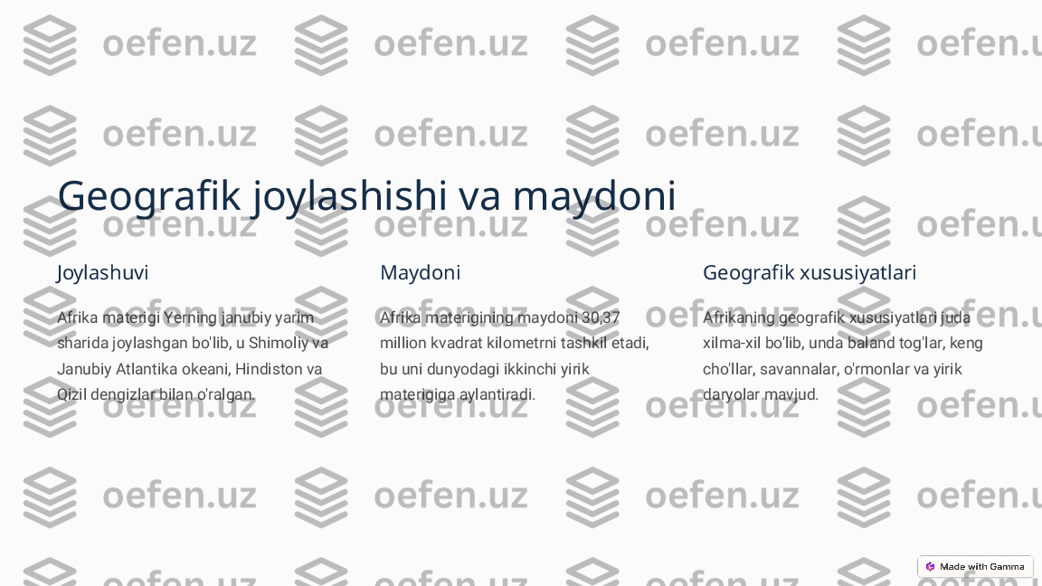 Geografik joylashishi va maydoni
Joylashuvi
Afrika materigi Yerning janubiy yarim 
sharida joylashgan bo'lib, u Shimoliy va 
Janubiy Atlantika okeani, Hindiston va 
Qizil dengizlar bilan o'ralgan. Maydoni
Afrika materigining maydoni 30,37 
million kvadrat kilometrni tashkil etadi, 
bu uni dunyodagi ikkinchi yirik 
materigiga aylantiradi. Geografik xususiyatlari
Afrikaning geografik xususiyatlari juda 
xilma-xil bo'lib, unda baland tog'lar, keng 
cho'llar, savannalar, o'rmonlar va yirik 
daryolar mavjud. 