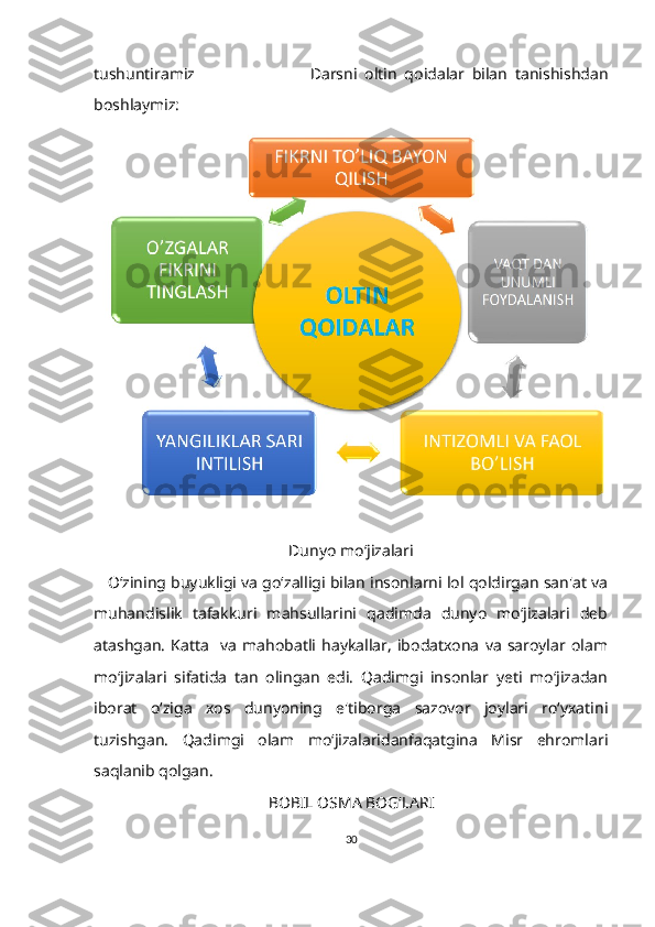 tushuntiramiz                               D arsni   oltin   qoidalar   bilan   tanishishdan
boshlaymiz:   
Dunyo mo‘jizalari
      O‘zining buyukligi va goʻzalligi bilan insonlarni lol qoldirgan san'at va
muhandislik   tafakkuri   mahsullarini   qadimda   dunyo   mo‘jizalari   deb
atashgan.   Katta     va   mahobatli   haykallar,   ibodatxona   va   saroylar   olam
mo‘jizalari   sifatida   tan   olingan   edi.   Qadimgi   insonlar   yeti   mo‘jizadan
iborat   o‘ziga   xos   dunyoning   e'tiborga   sazovor   joylari   roʻyxatini
tuzishgan.   Qadimgi   olam   mo‘jizalaridanfaqatgina   Misr   ehromlari
saqlanib qolgan.
BOBIL OSMA BOG‘LARI
30 