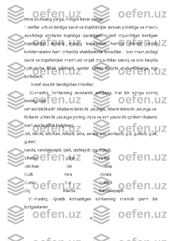 B irni sochsang yerga, mingni berar senga.
1-sinflar uchun berilga savol va topshiriqlar asosan yozishga va mavzu
asodidagi   so‘zlarini   topishga   qaratilgan.   1-sinf   o‘quvchilari   berilgan
topshiriqlar   asosida   mashq   bajaradilar   hamda   chiroyli   yozish
ko‘nikmalarini   ham   o‘zlarida   shakllantirib   boradilar.     Son   mavzusidagi
savol   va   topshiriqlar   mazmuni   orqali   o‘quvchilar   sanoq   va   son   haqida
tushuncha   hosil   qilishadi,   sonlar   tartibi   haqida   ma’lumotlarga   ega
bo‘lishadi.
       3-sinf ona tili darsligidan misollar:
    90-mashq.   Soʻzlarning   asoslarini   aniqlang.   Har   bir   soʻzga   soʻroq
bering. Ular 
nimani bildiradi? Sifatlarni birinchi ustunga, otlarni ikkinchi ustunga va 
fe'llarni uchinchi ustunga yozing. Asos va soʻz yasovchi qoʻshimchalarni
namunadagidek belgilang.
Ish, ishchi, ishchan, ishladi; arra, arrala; soz, sozlaydi; gul, gulladi, gulli,
gulsiz; 
randa, randalayapti; qish, qishlaydi; oq, oqladi.
Sifatlar                           Otlar                       Fe’llar
Ishchan                          Ish                              Ishla 
Gulli                              Arra                           Arrala 
Gulsiz                            Gul                           Gulladi
Oq                                Randa                       Randalayapti 
  91-mashq.   Ajratib   koʻrsatilgan   soʻzlarning   ma'noli   qismi   bir
boʻlganlarini 
45 