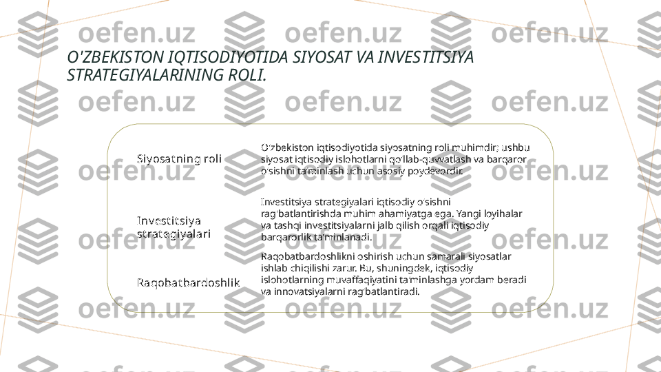 O'ZBEKISTON IQTISODIYOTIDA SIYOSAT VA INVESTITSIYA 
STRATEGIYALARINING ROLI.
Si y osat ni ng roli
Inv est i t si y a 
st rat egiy alari
Raqobat bardoshli k O'zbekiston iqtisodiyotida siyosatning roli muhimdir; ushbu 
siyosat iqtisodiy islohotlarni qo'llab-quvvatlash va barqaror 
o'sishni ta'minlash uchun asosiy poydevordir.
Investitsiya strategiyalari iqtisodiy o'sishni 
rag'batlantirishda muhim ahamiyatga ega. Yangi loyihalar 
va tashqi investitsiyalarni jalb qilish orqali iqtisodiy 
barqarorlik ta'minlanadi.
Raqobatbardoshlikni oshirish uchun samarali siyosatlar 
ishlab chiqilishi zarur. Bu, shuningdek, iqtisodiy 
islohotlarning muvaffaqiyatini ta'minlashga yordam beradi 
va innovatsiyalarni rag'batlantiradi.        