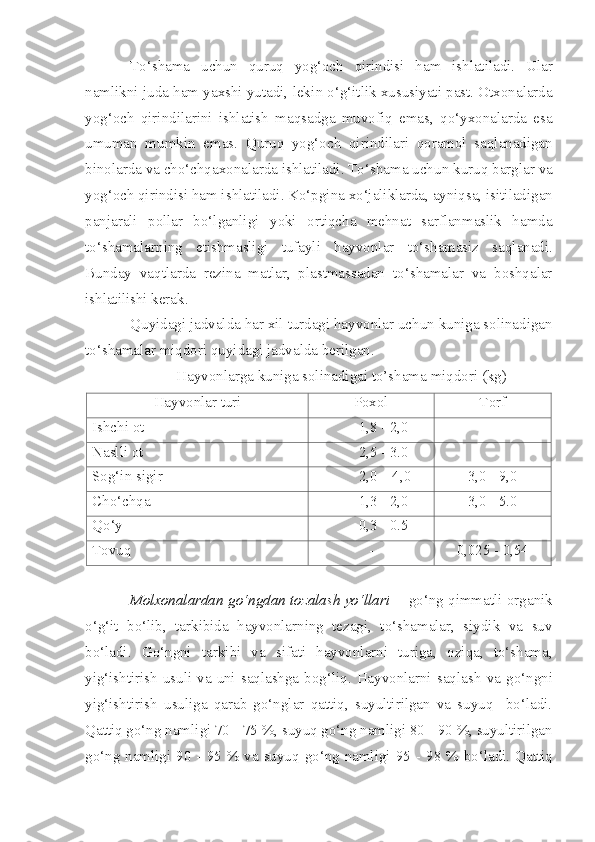 To‘shama   uchun   quruq   yog‘och   qirindisi   ham   ishlatiladi.   Ular
namlikni juda ham yaxshi yutadi, leki n  o‘g‘itlik xususiyati past. Otxonalarda
yog‘och   q irindilarini   ishlatish   maqsadga   muvofiq   emas,   qo‘yxonalarda   esa
umuman   mumkin   ema s .   Q uruq   yog‘och   qirindilari   qoramol   saqlanadigan
bi n olarda va cho‘chqaxonalarda ishlatiladi. To‘shama uchu n  kuruq barglar va
yog‘och  qirindisi  ham i sh latiladi. Ko‘pgina xo‘jaliklarda, ayniqsa,  i sitiladiga n
panjarali   pollar   bo‘lganligi   yo ki   ortiqcha   mehnat   sarflanmaslik   hamda
to‘shamalar n i n g   etishmasligi   tufayl i   h ayvonlar   to‘shamasiz   saqlanadi.
Bunday   va q tlarda   rezina   matlar,   plastmassadan   to‘shamalar   va   boshqalar
ishlatilishi kerak.
Quyidagi  jadvalda har xil turdagi hayvonlar uchun kuniga solinadiga n
to‘shamalar miqdori  quyidagi jadvalda  berilga n .
Hayvonla r ga ku n iga sol i nadigai to’shama  miqdori  (kg)
H ayvonlar  turi Poxol Torf
Ishchi ot 1,8   -   2,0 -
Naslli ot 2,5   -   3.0 -
Sog‘in sigir 2,0   –   4 , 0 3,0   -   9,0
C h o‘chqa 1,3  -  2,0 3,0   -   5.0
Qo‘y 0,3   -   0.5 -
Tovuq - 0,025  -  0,54
Molxonalardan go‘ng dan   tozalash   yo‘llari   -   g o‘ng   qimmatli orga n ik
o‘ g‘ it   bo‘lib,   tarkibida   hayvonlarning   tezagi,   to‘shamalar,   siydik   va   suv
bo‘ladi.   Go‘ n gni   tarkib i   va   sifati   hayvonlarni   turiga,   oziqa,   to‘shama,
y i g‘ishtirish usuli  va  uni  saqlashga bog‘liq.  Hayvonlarni  saqla sh   va go‘ngni
yig‘ishtirish   usuliga   qarab   go‘nglar   qattiq,   suyultirilgan   va   suyuq     bo‘ladi.
Q attiq go‘ng namli gi  70   -   75 %,  s uyuq go‘ng namligi 80   -   90 %, suyultirilgan
go‘ng namligi 90   -   95 % va suyuq go‘ng namligi 95   -   98 % bo‘ladi. Qattiq 