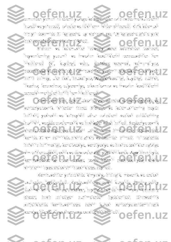 tomonda n   yomon holatlarni yuzaga keltiradi. Ular ozi q -ovqat mahsulotlar ini
buzadi va yo‘qotadi, oziqalar va idishlarnn   i shdan chi q aradi. Ko‘k kalamush
bir   yil   davomida   20   kg   gacha,   uy   sich q oni   esa   1,8   kg   gacha   g‘ alla   yoki
bosh q a mahsulotlarni iste’mol kiladi.
Sichqon   va   kalamushlar   iq tisodiy   zarar   keltirishdan   tashqari,
hayvonlarning   yuqumli   va   invaz i on   kasalliklari n i   tarqatuvchilar   ham
hisoblanadi   (sil,   kuydirgi,   vabo,   cho‘chqa   saramasi,   salmon e ll yo z,
pasterell yo z   va   bosh qalar ).   Kemiruvchilar   yuqumli   kasalliklarni   tashuvch i
bo‘lib   qolmay,   ular   oksil,   brutsell yo z,   Au e ski   kasalligi,   kuydirgi,   q ut i rish,
listerioz,   leptospiroz,   tulyaremiya,   toksoplazmoz   va   invazion   kasalliklarini
tarqatish manbalari bo‘lib ham hisoblanadi.
Kemiruvchilarga   qarshi   utkaziladigan   choralar   sanitariya-gigiena   va
sanitariya-tex n ik   ishlardan   iborat .   Sichqon   va   kalamushlarning   paydo
bo‘l i shi,   yashash i   va   ko‘payishi   uchun   ozi q alarni   sa q lash   qoidalar i ning
buzil i sh i , vaqt i da tozalamas lik   va boshkalar sabab bo‘ladi.   Sanitariya-texnik
sharoit   talabalariga   javob   berishi   uchun   ferma   binolarining   poydevorlari
kamida   70   sm   qalinlikda   pishiq   g‘isht   va   betondan   qilinadi.   Pol   taglarida
bo‘shliq   bo‘lmasligi,   kanalizatsiya,   ventilyasiya   va   boshqa   teshiklar   og‘ziga
sim to‘rlar tutilishi, eshik va darvozalar zich yopilishi kerak. Agar biror joyda
kemiruvchilarning   inlari   topilsa,   tezda   betonli   qorishma   yoki   shisha
siniqlarini loyga aralashtirilib teshiklarga quyiladi.
Kemiruvchilar   yo‘qotishda   kimyo viy,   biologik,   mexanik   va   aralash
usullardan   foydalaniladi.   Kemiruvchilarga   qarshi   kurashda   ularning   tabiiy
dushmanlari it, muShuk, tipratikan, boyo‘g‘li hamda har xil mexanik qopqon,
chetan,   bosib   qoladigan   qurilmalardan   foydalaniladi.   Chorvachilik
xo‘jaliklarida   kemiruvchilarga   qarshi   kurash   sanitariya-epidemiologik
stansiya bilan  tuzilgan  shartnoma  asosida olib boriladi.  