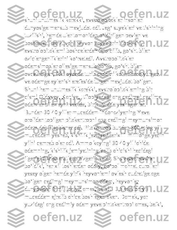 shuni unutmaslik kerakki, avstrolopiteklar insonlar 
dunyosiga mansub mavjudot edi. Jag‘ suyaklari va tishining
tuzilishi, hamda ular tomonidan o‘ldirilgan pavian va 
boshqa sut emizuvchi hayvon suyaklarini topilishi, 
avstrolopiteklami boshqalardan farq qilib, go‘sht bilan 
oziqlanganliklarini ko‘rsatadi. Avstropoliteklar - 
odamsimonlar oilasiga mansub bo‘lib, go‘sht bilan 
ovqatlangan, ikki oyoqda turib qaddini ko‘taribroq yurgan 
va odamga aylanish arafasida turgan mavjudot bo‘lgan. 
Shuni ham unutmaslik kerakki, avstrolopiteklaming bir 
qismi Olduvay, Keniya, Efiopiyadagi eng qadimgi qazilma 
odamlar bilan ayni vaqtda, bir hududda yashaganlar. 
Bundan 30-40 yillar muqaddam Indoneziyaning Yava 
orolidan topilgan pitekantropni eng qadimgi maymunsimon 
odam deb hisoblanar edi. Pitekontrop bundan 800 ming yil 
muqaddam yashab, kishilik jamiyati tarixi 1 millionga yaqin
yilni qamrab olar edi. Ammo keyingi 30-40 yil ichida 
odamning, kishilik jamiyatining kelib chiqishi haqidagi 
ilgarigi fikrlar mutlaqo o'zgarib ketdi. Shu narsa ravshan 
bo‘ldiki, har xil toshlardan oddiy, qo‘pol mehnat qurollari 
yasay olgan hamda yirik hayvoniami ovlash qudratiga ega 
bo‘lgan qadimgi maymunsimon odam, hayvonlar 
dunyosidan 1 million yil emas, balki 3-3,5 million yil 
muqaddam ajralib chiqa boshlagan ekan. Demak, yer 
yuzidagi eng qadimiy odam yava pintekantropi emas, balki,  