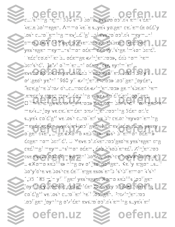 qutisining hajmi 530 sm3 boiib. avstrolopiteklamikidan 
katta boimagan. Ammo kalla suyak yotgan qatlamda oddiy 
tosh qurollaming mavjudligi uni avstrolopitek maymuni 
emas, balki i i Yava pitekantropiga nisbatan ilgariroq 
yashagan maymunsimon odam deb aytishga imkon berdi. 
Tadqiqotchilar bu odamga «zinjantrop»,-deb nom ham 
berishdi. Ba’zi olimlar uni odam jesa, ayrimlari 
avstrolopitek maymuni deb hisoblaydilar. Lekin bir yil 
o4tgach ya’ni 1960-yil «zinjantantrop» topilgan joydan, 
faqatgina biroz chuqurroqda «zinjantrop» ga nisbatan ham 
taraqqiy etgan mavjudotning suyak qoldiqlari topilgan. 
Olimlar unga «prezinjantrop» deb nom berishdi Hozirgacha 
mazkur joy va qatlamdan prezinjantropning 5dan ortiq 
suyak qoldig‘i va tosh qurollari va bir qator hayvonlaming 
maydalangan suyaklari topilgan. Bu mavjudot qurol yasay 
olgan ekan, unga «Xomo xabiiis» - «ish bilarmon odam» 
degan nom berildi. U Yava pitekantropigacha yashagan eng 
qadimgi maymunsimon odam, deb hisoblanadi. Zinjantrop 
esa avstrolopitek maymuni bo‘lib, boshqa hayvonlar qatori 
u «Xomo xabiiis» ning ov o‘ljasi bo‘lgan. Kaliy-argon usuli
bo‘yicha va boshqa dalillarga asoslanib ishbilarmon kishi 
1,75-185 mln yil ilgari yashagan. Xomo xabiiis topilgan 
joyning yuqoriroq qatlamidan Olduvay pitekantropining 
qoldig‘i va tosh qurollari hali topilgan. Prezinjantrop 
topilgan joyning o‘zidan avstrolopiteklaming suyaklari  